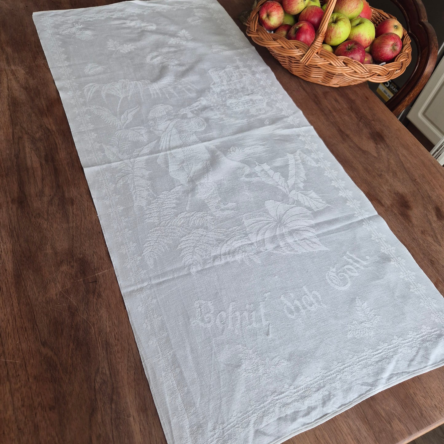 Antike Jugendstil Küchenhandtuch mit Spruch: Schütz dich Gott! Tischdecke rechteckig weiß Damast Baumwolle 46x102cm