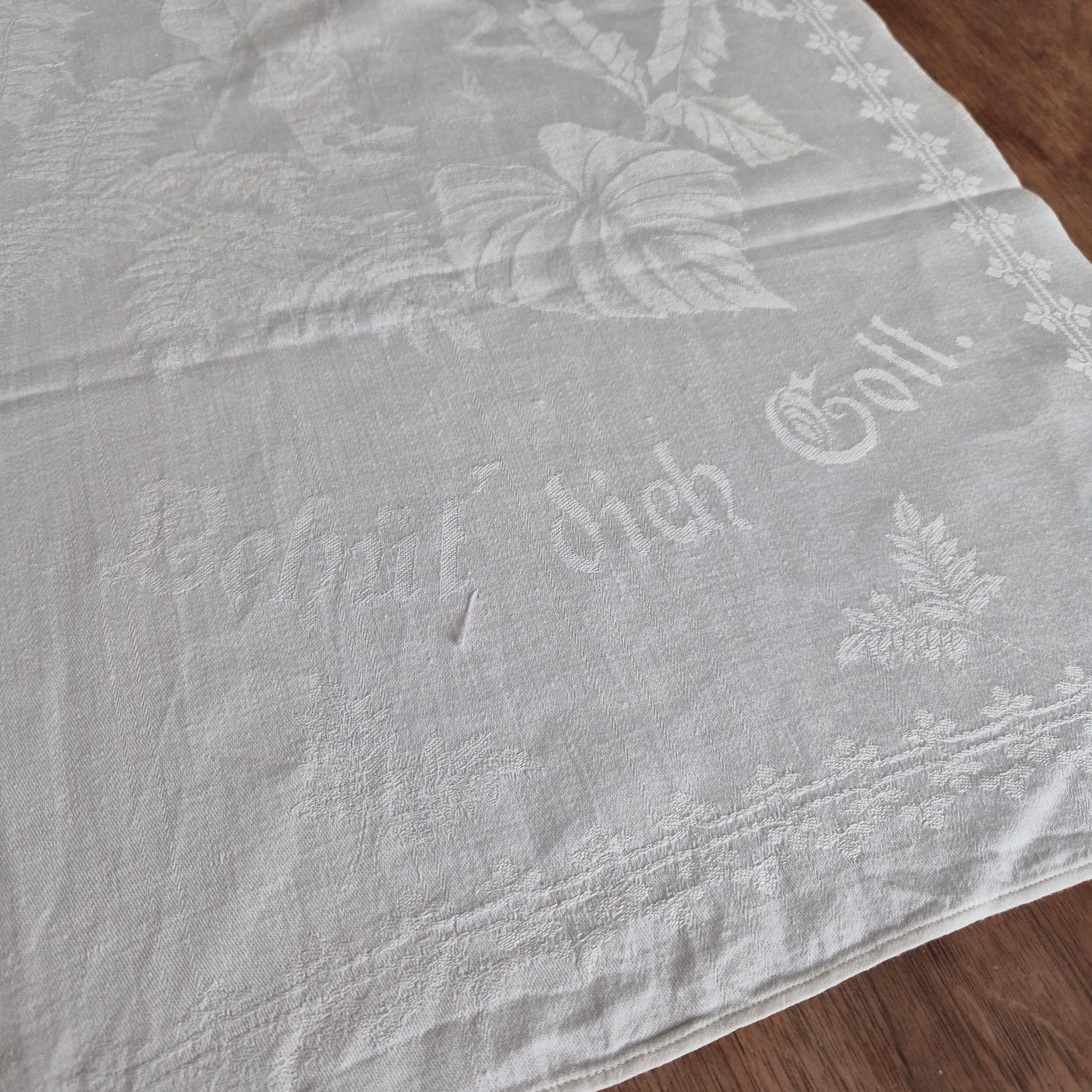 Antikes Jugendstil Küchen- & Geschirrhandtuch mit Spruch: Schütz dich Gott! weiß Damast Baumwolle 46x102cm Monogramm L.N. 🤍