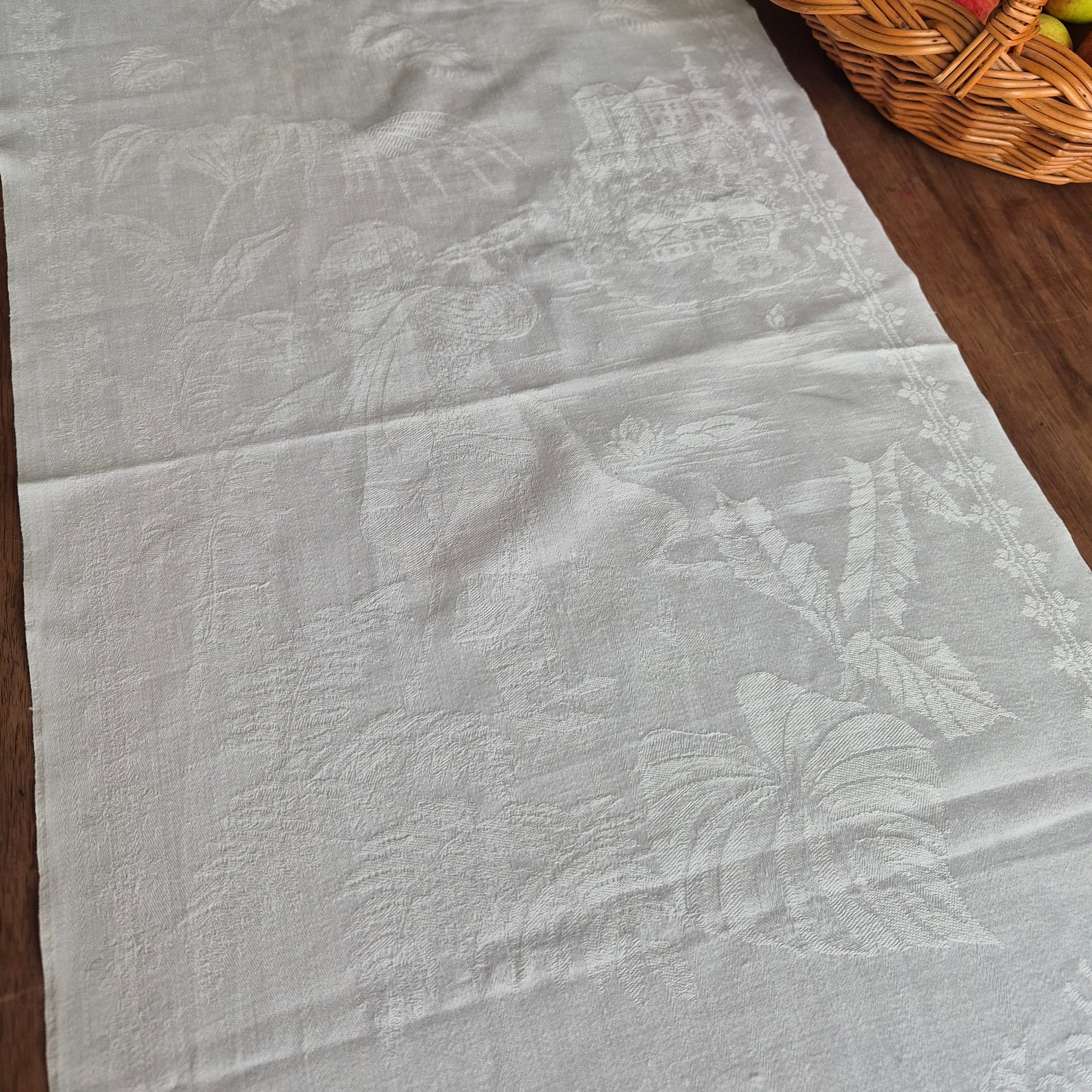 Antikes Jugendstil Küchen- & Geschirrhandtuch mit Spruch: Schütz dich Gott! weiß Damast Baumwolle 46x102cm Monogramm L.N. 🤍
