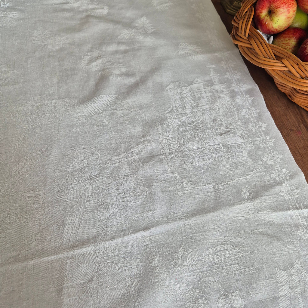 Antikes Jugendstil Küchen- & Geschirrhandtuch mit Spruch: Schütz dich Gott! weiß Damast Baumwolle 46x102cm Monogramm L.N. 🤍