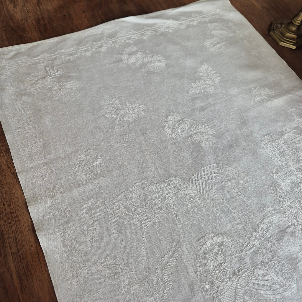 Antikes Jugendstil Küchen- & Geschirrhandtuch mit Spruch: Schütz dich Gott! weiß Damast Baumwolle 46x102cm Monogramm L.N. 🤍