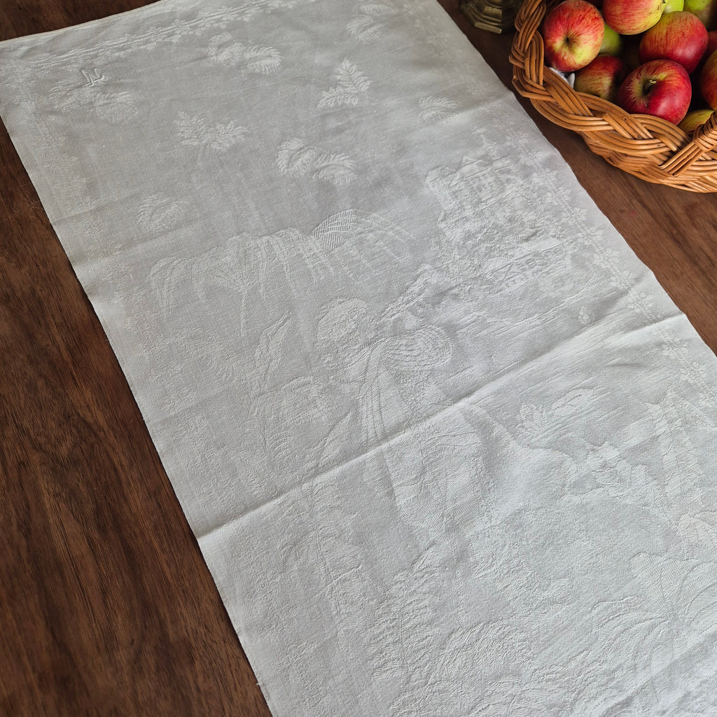 Antikes Jugendstil Küchen- & Geschirrhandtuch mit Spruch: Schütz dich Gott! weiß Damast Baumwolle 46x102cm Monogramm L.N. 🤍