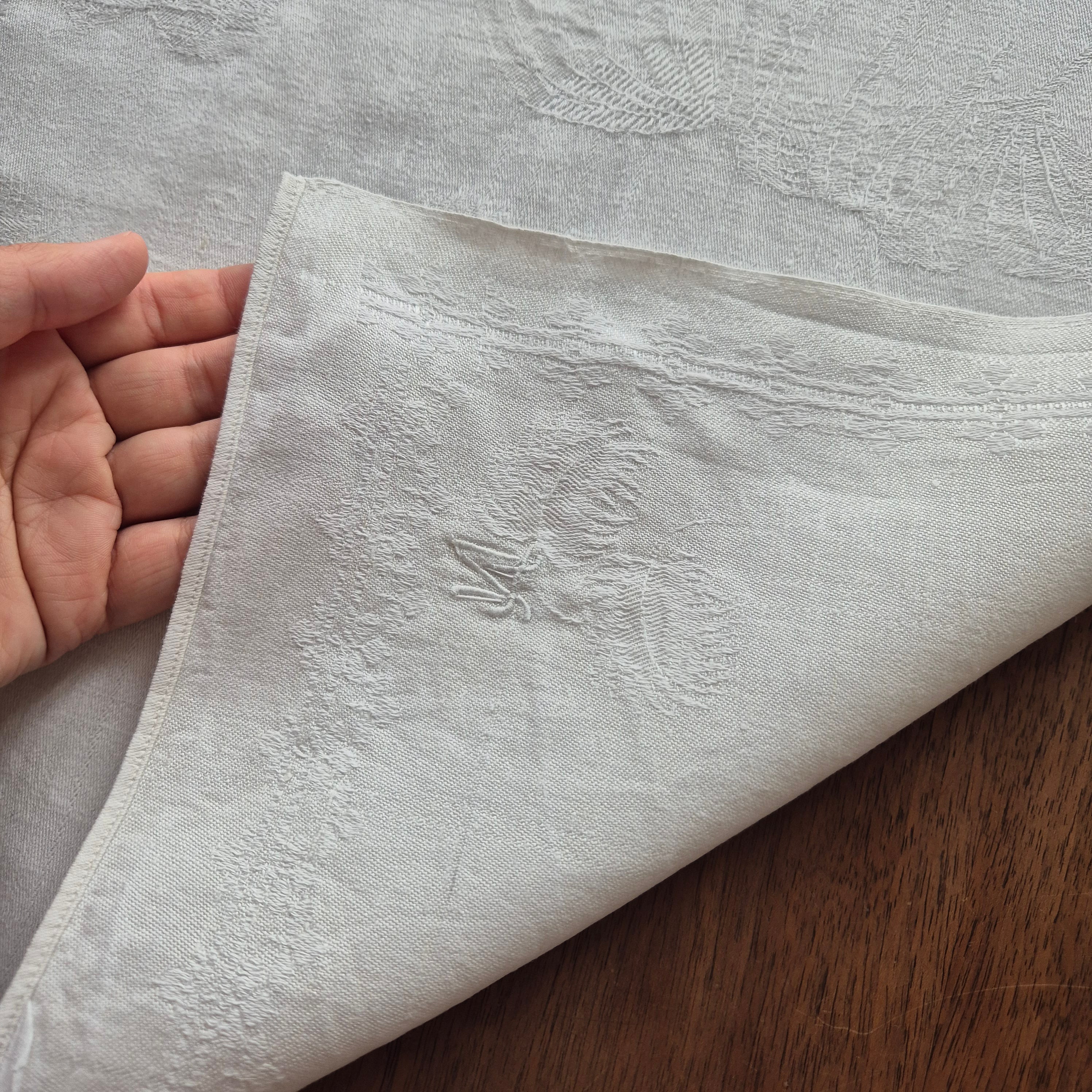 Antikes Jugendstil Küchen- & Geschirrhandtuch mit Spruch: Schütz dich Gott! weiß Damast Baumwolle 46x102cm Monogramm L.N. 🤍