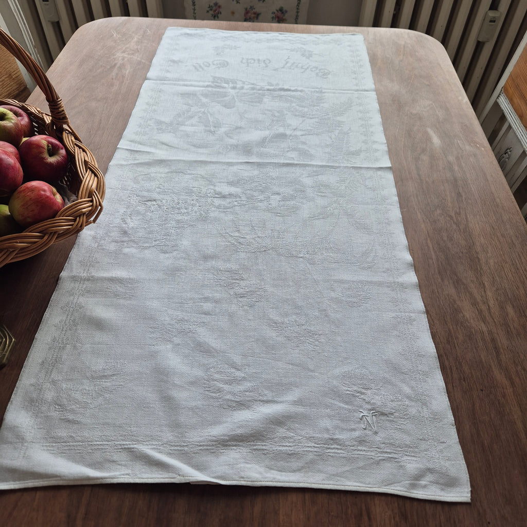 Antikes Jugendstil Küchen- & Geschirrhandtuch mit Spruch: Schütz dich Gott! weiß Damast Baumwolle 46x102cm Monogramm L.N. 🤍