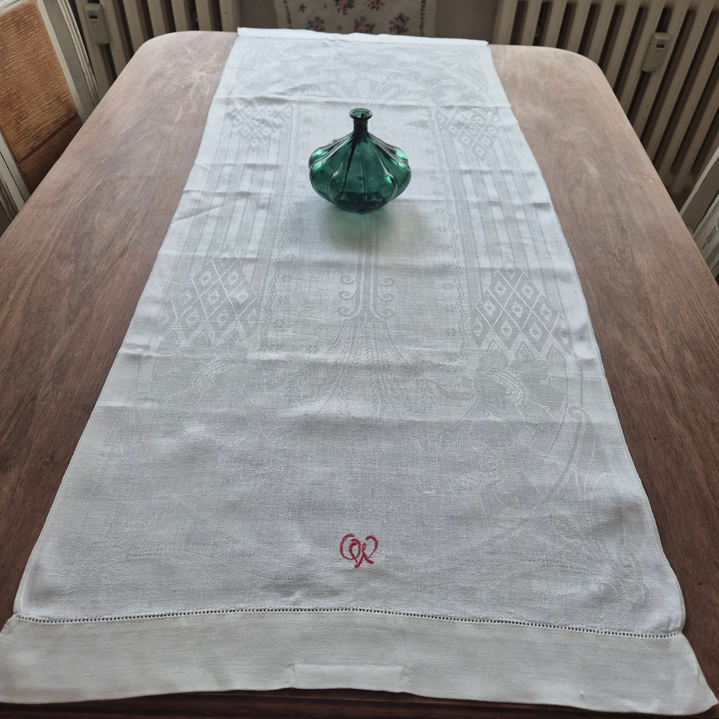 Antike Jugendstil Mitteldecke Tischdecke rechteckig Küchenhandtuch weiß Damast Baumwolle 48x122cm art deco Monogramm o.w