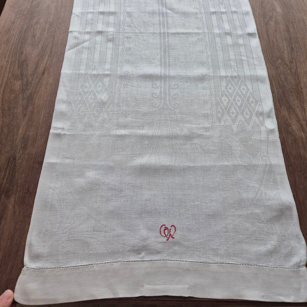 Antikes Jugendstil Küchen- & Geschirrhandtuch weiß Damast Baumwolle 48x122cm Monogramm O.W. 🤍