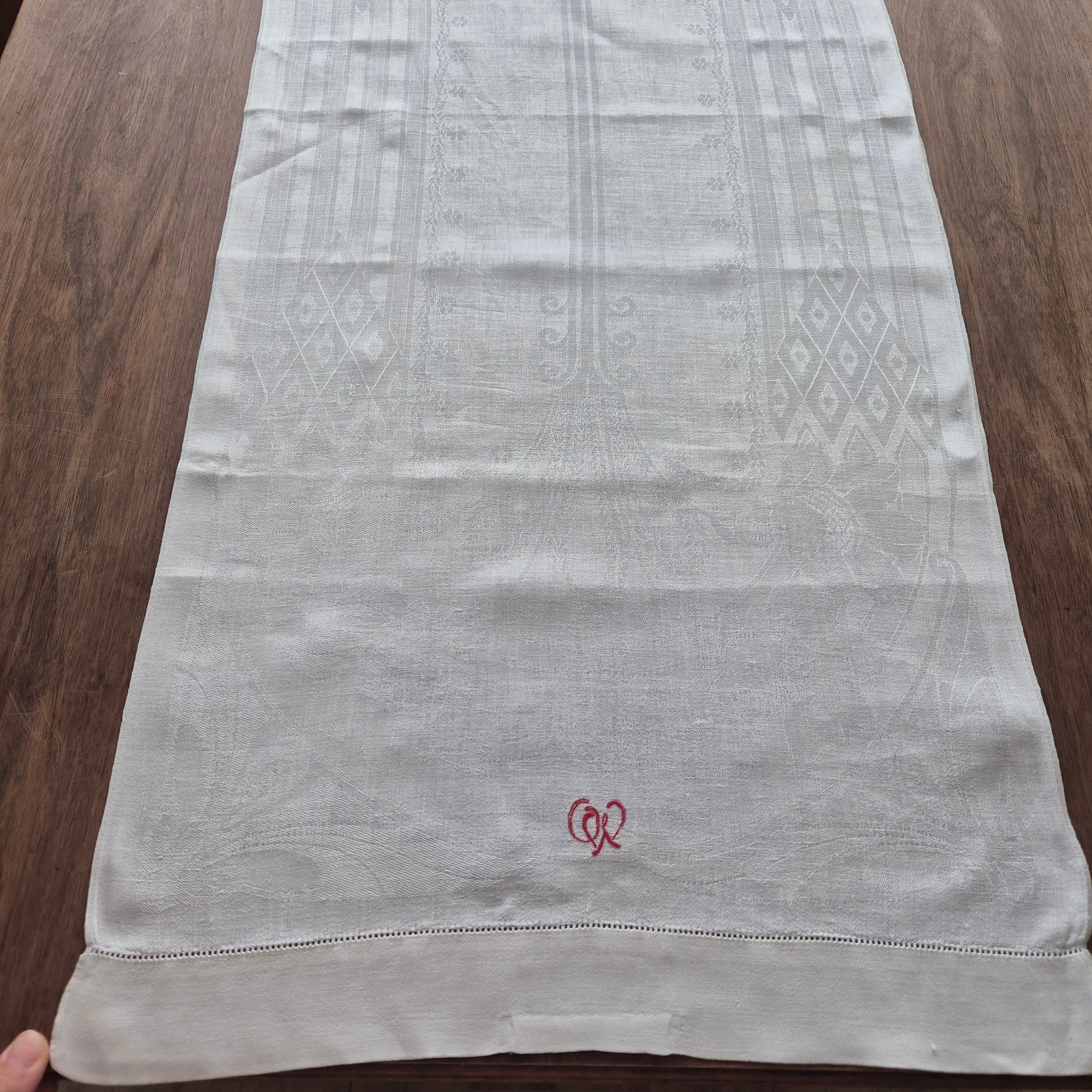 Antikes Jugendstil Küchen- & Geschirrhandtuch weiß Damast Baumwolle 48x122cm Monogramm O.W. 🤍