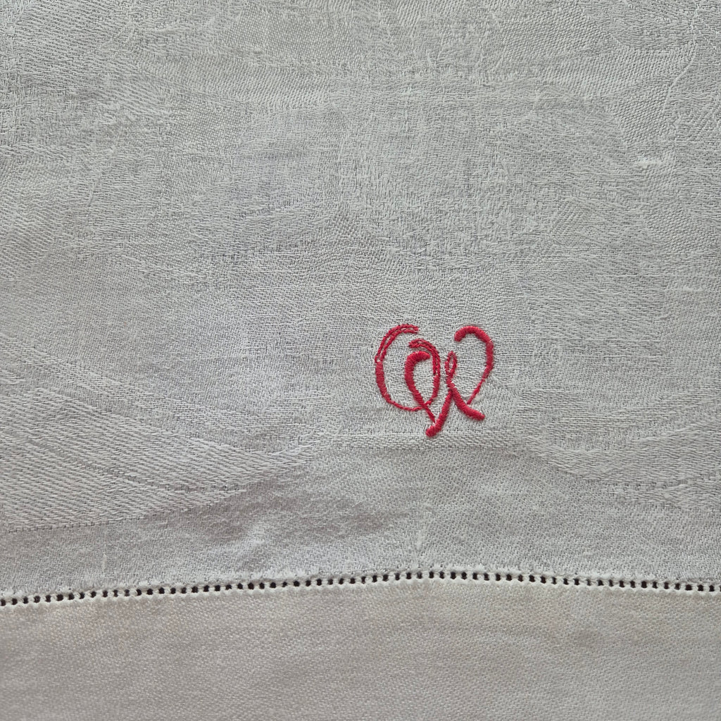 Antikes Jugendstil Küchen- & Geschirrhandtuch weiß Damast Baumwolle 48x122cm Monogramm O.W. 🤍