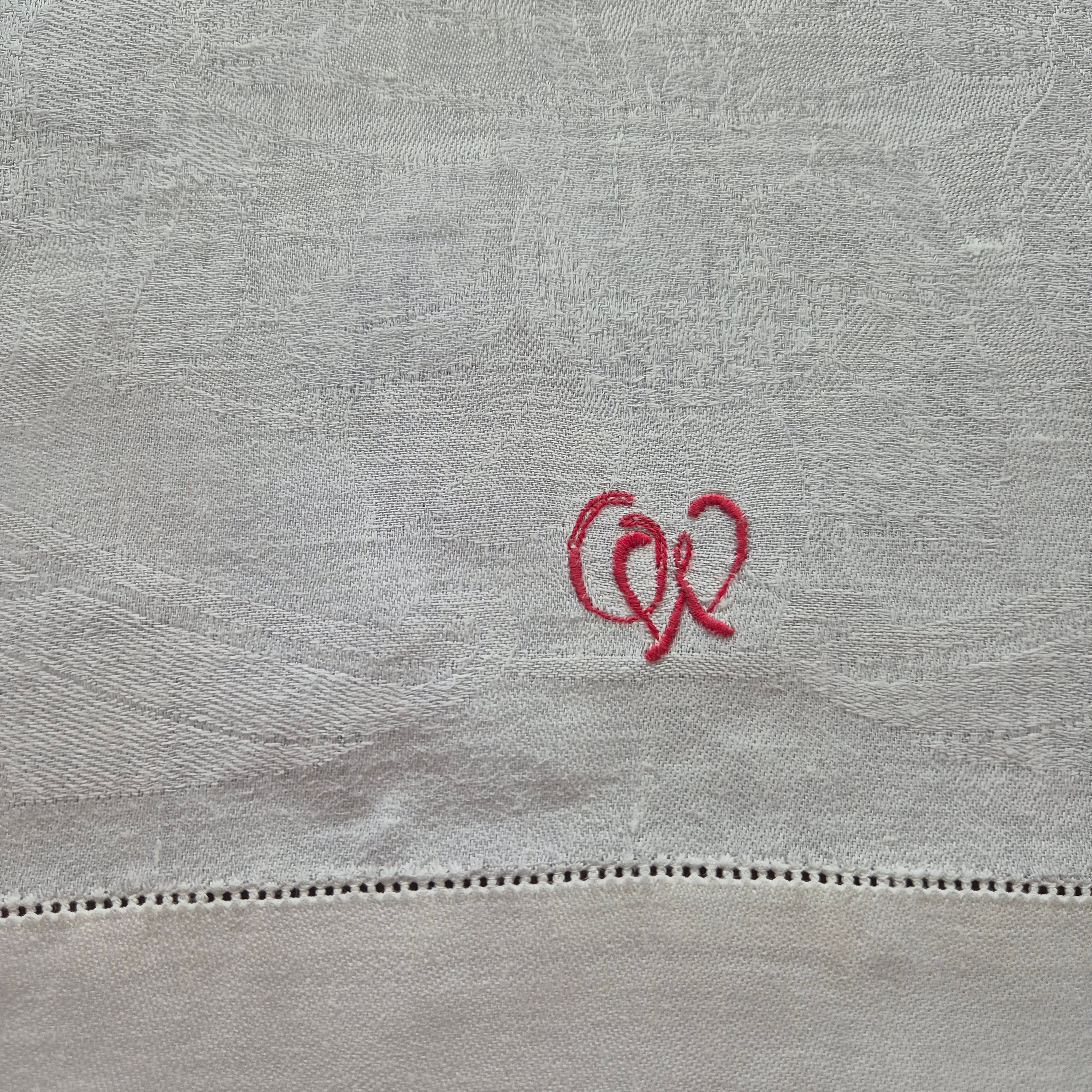 Antikes Jugendstil Küchen- & Geschirrhandtuch weiß Damast Baumwolle 48x122cm Monogramm O.W. 🤍