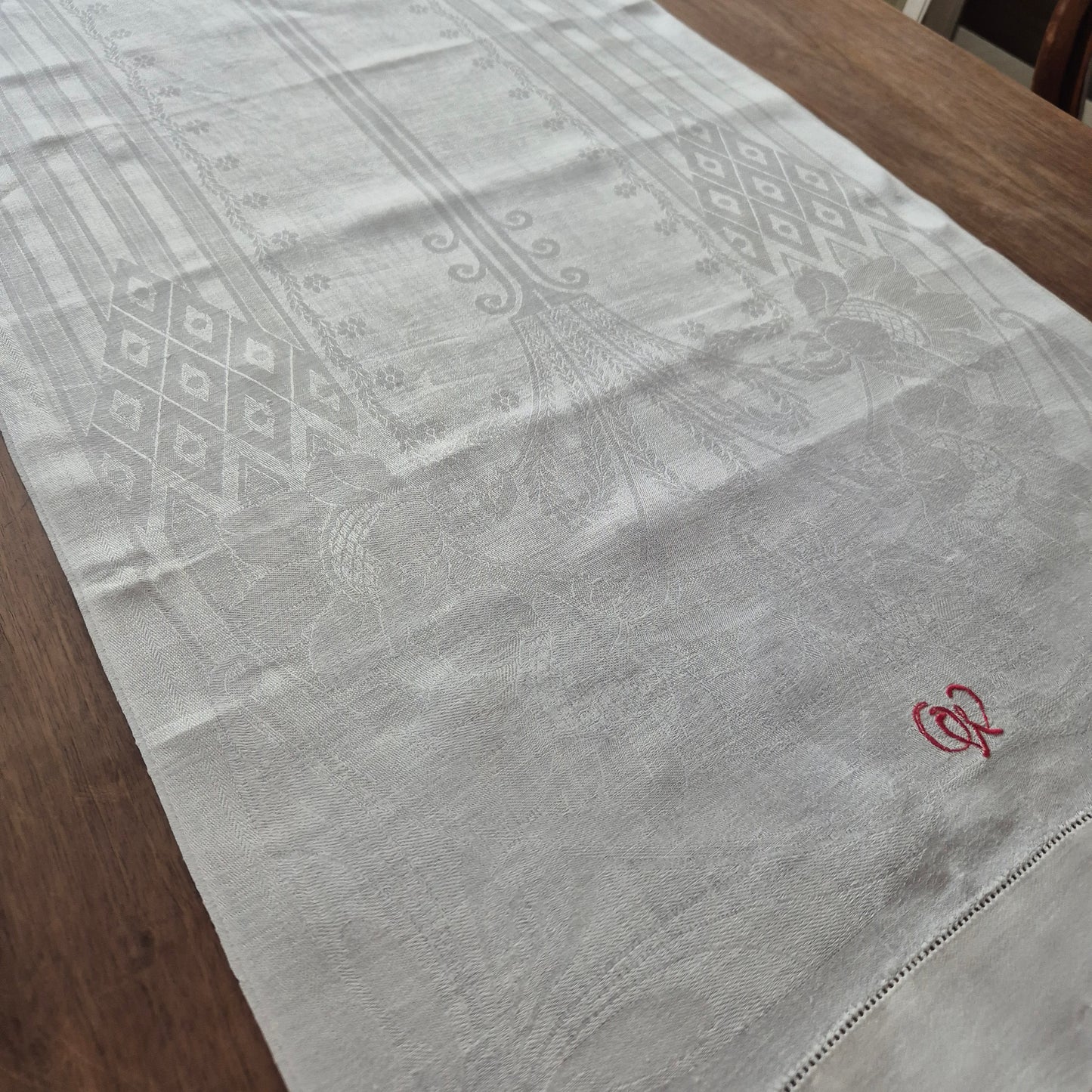 Antike Jugendstil Mitteldecke Tischdecke rechteckig Küchenhandtuch weiß Damast Baumwolle 48x122cm art deco Monogramm o.w