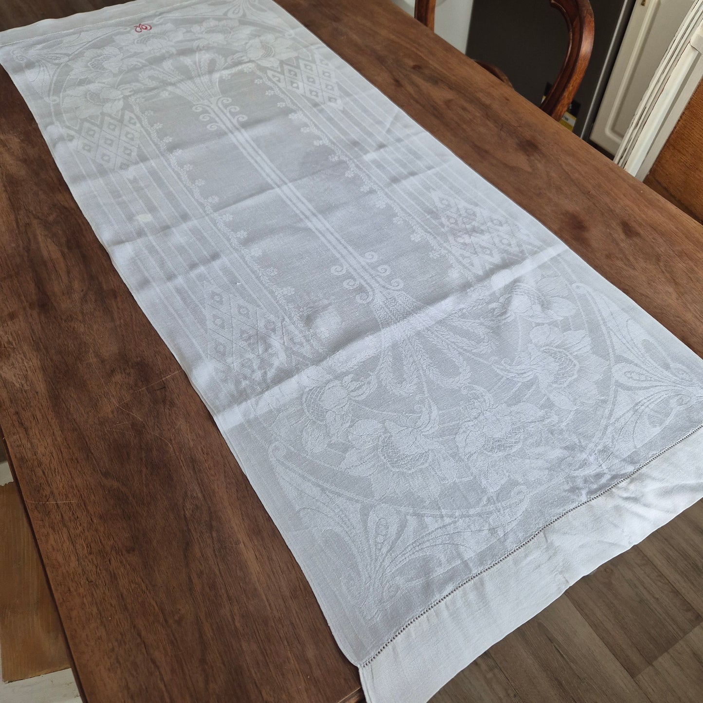 Antike Jugendstil Mitteldecke Tischdecke rechteckig Küchenhandtuch weiß Damast Baumwolle 48x122cm art deco Monogramm o.w