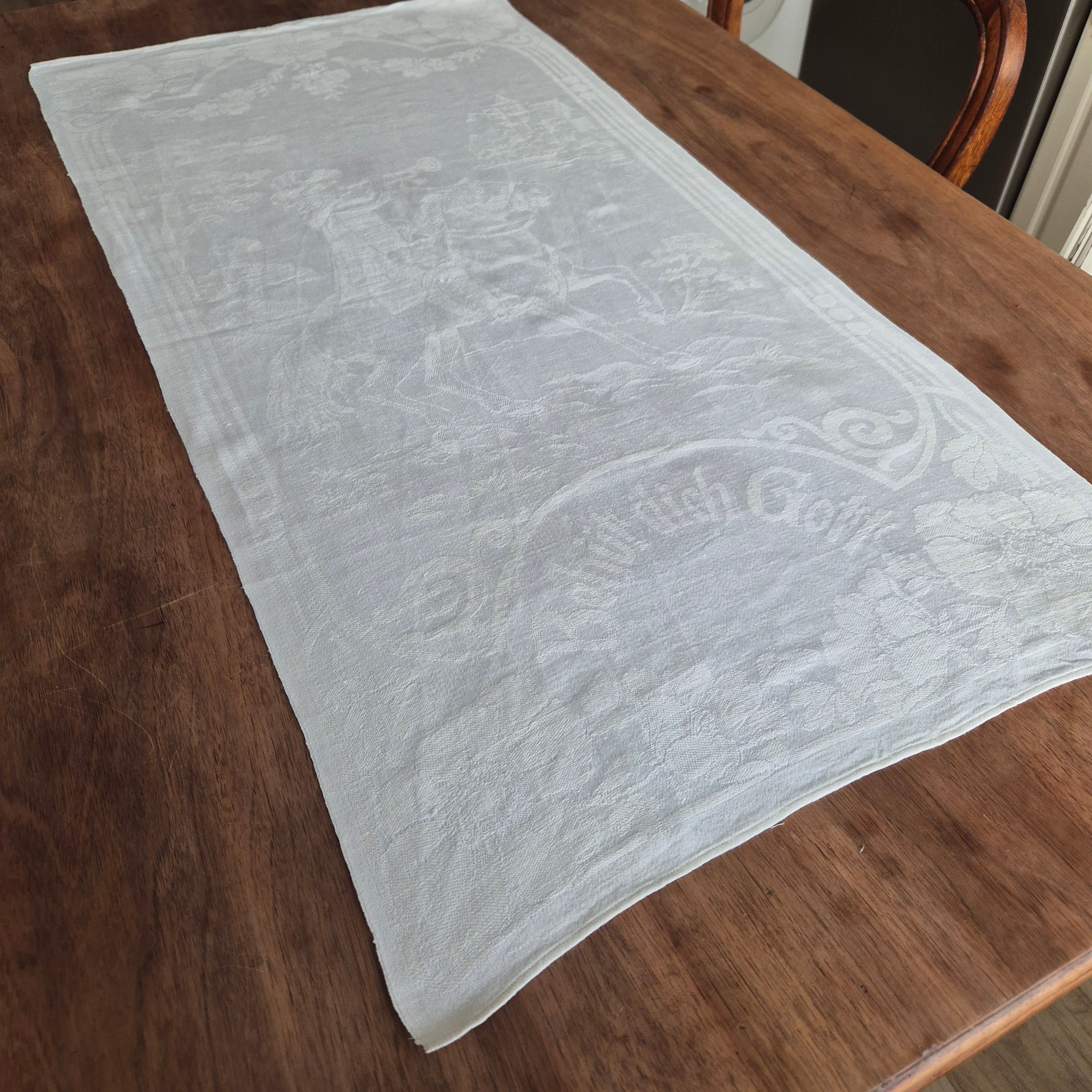 Antikes Jugendstil Küchen- & Geschirrhandtuch mit Spruch: Behüt dich Gott! weiß Damast Baumwolle 96x47cm 🤍