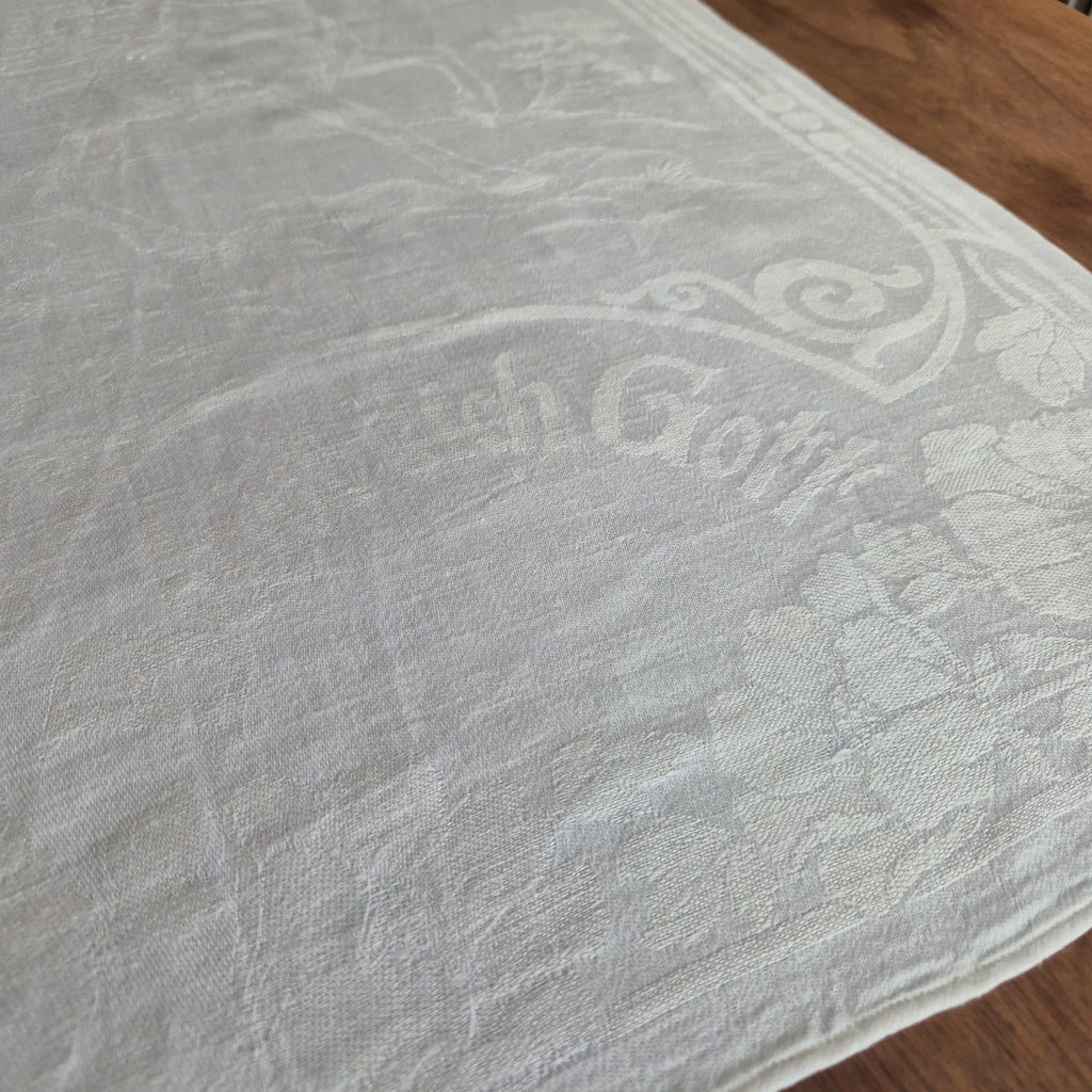 Antikes Jugendstil Küchen- & Geschirrhandtuch mit Spruch: Behüt dich Gott! weiß Damast Baumwolle 96x47cm 🤍
