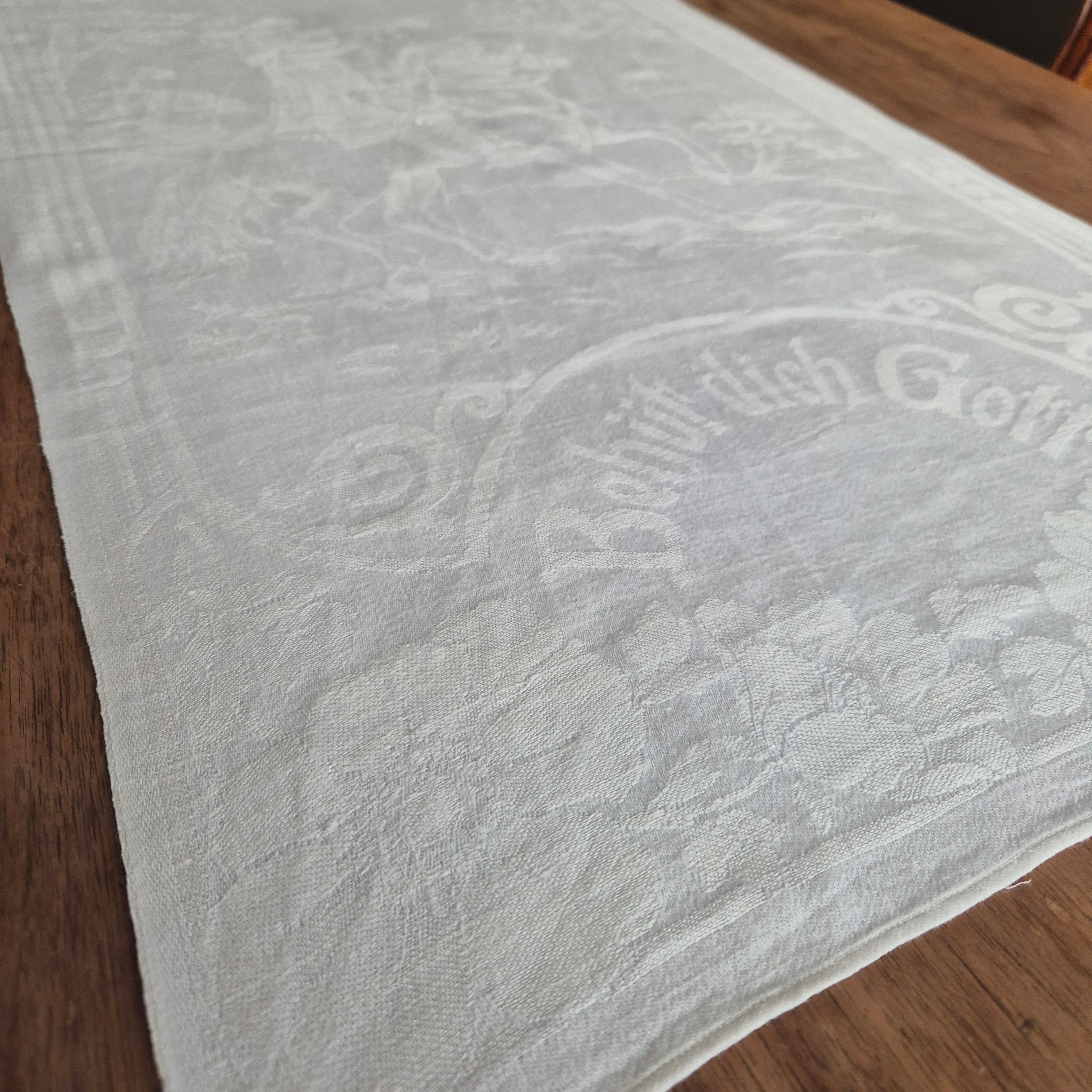 Antikes Jugendstil Küchen- & Geschirrhandtuch mit Spruch: Behüt dich Gott! weiß Damast Baumwolle 96x47cm 🤍
