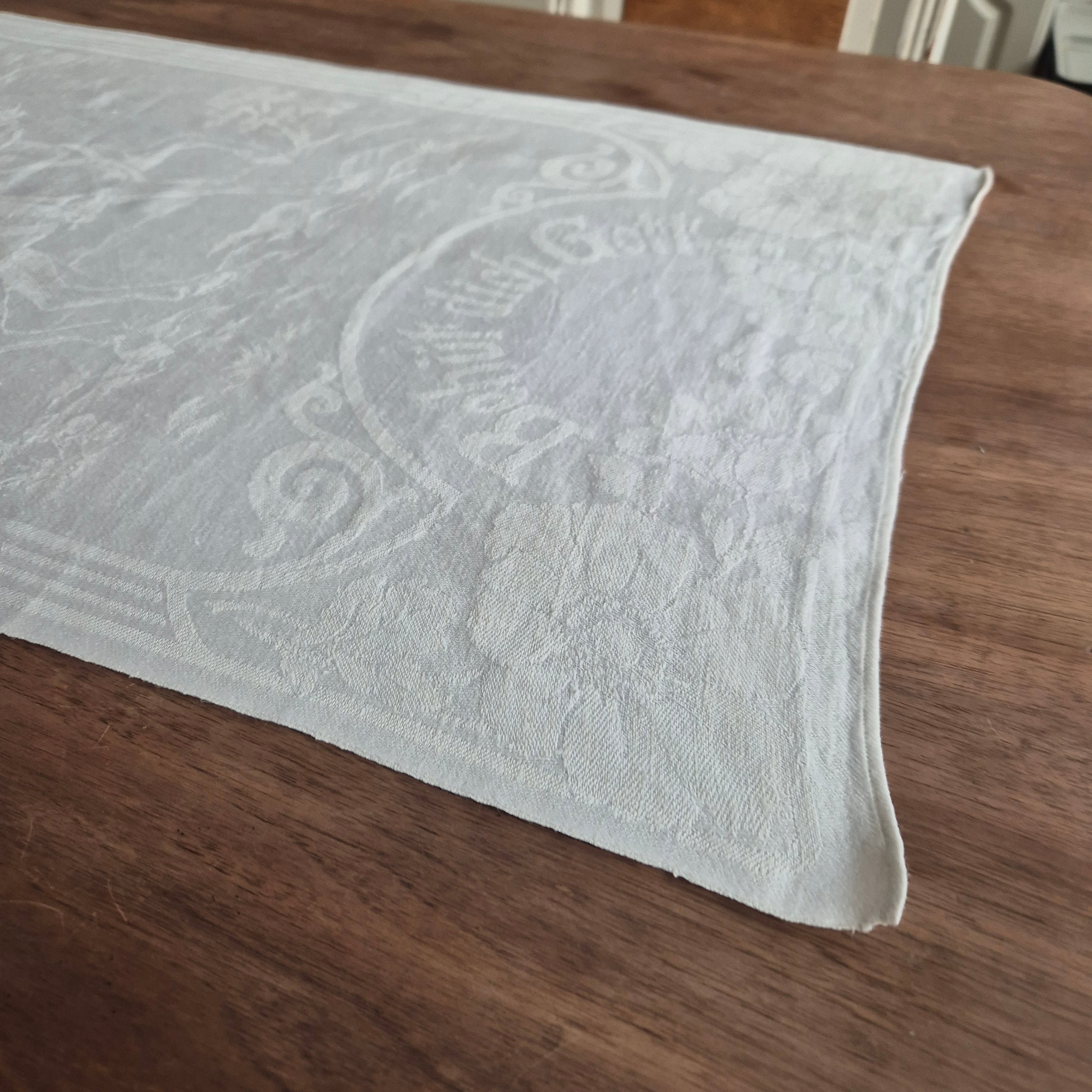 Antikes Jugendstil Küchen- & Geschirrhandtuch mit Spruch: Behüt dich Gott! weiß Damast Baumwolle 96x47cm 🤍