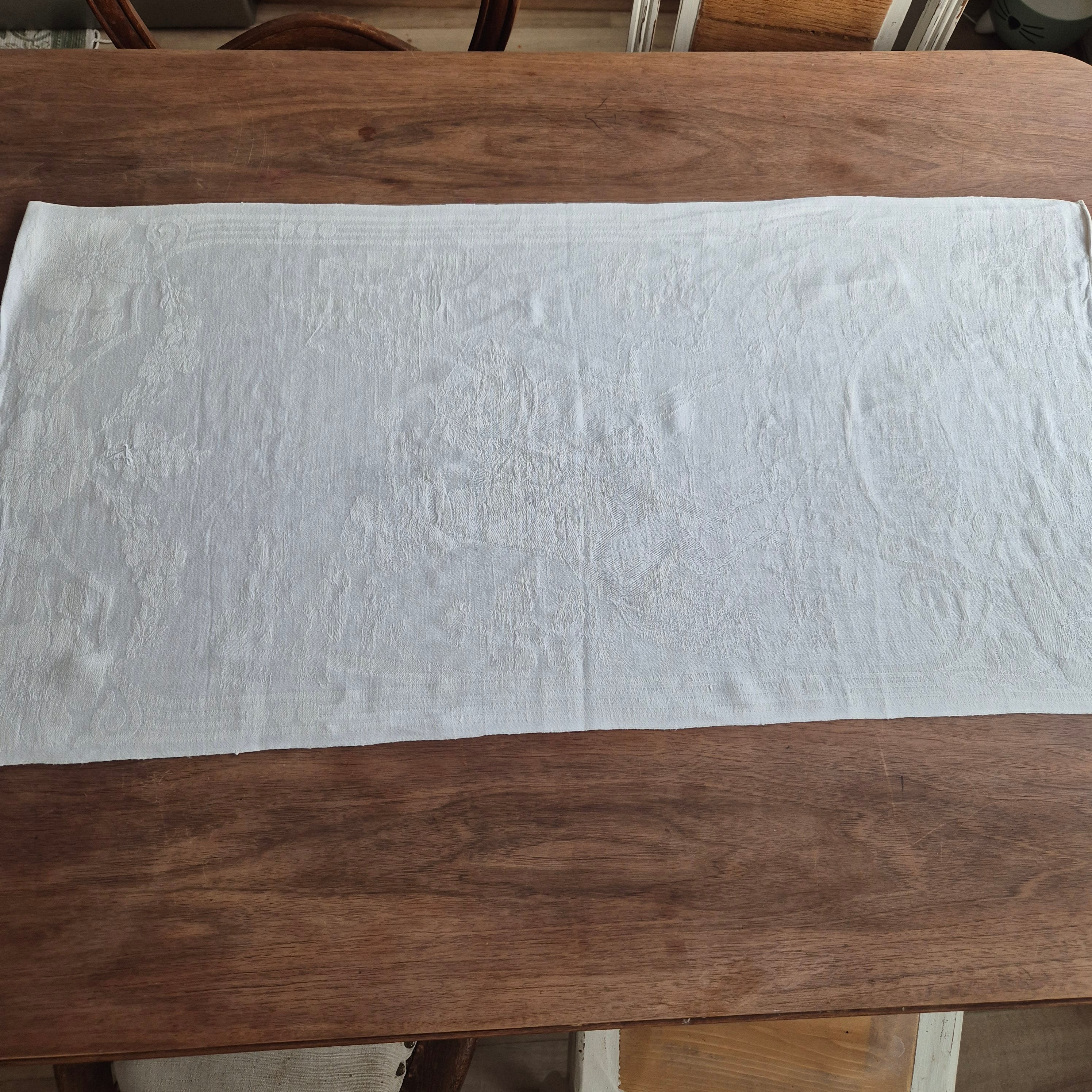 Antikes Jugendstil Küchen- & Geschirrhandtuch mit Spruch: Behüt dich Gott! weiß Damast Baumwolle 96x47cm 🤍