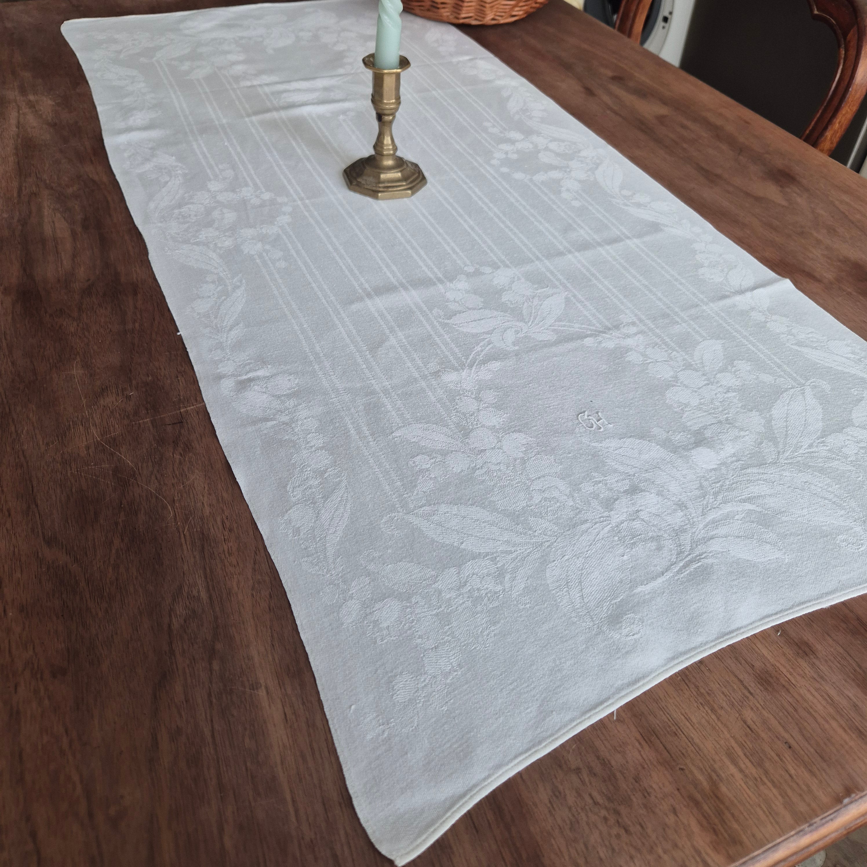 Antike Jugendstil Küchen- & Geschirrhandtuch weiß Damast Baumwolle 46x100cm Monogramm G.H. 🤍