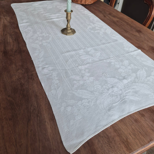 Antike Jugendstil Mitteldecke Tischdecke rechteckig Küchenhandtuch weiß Damast Baumwolle 46x100cm art deco Monogramm g.h.