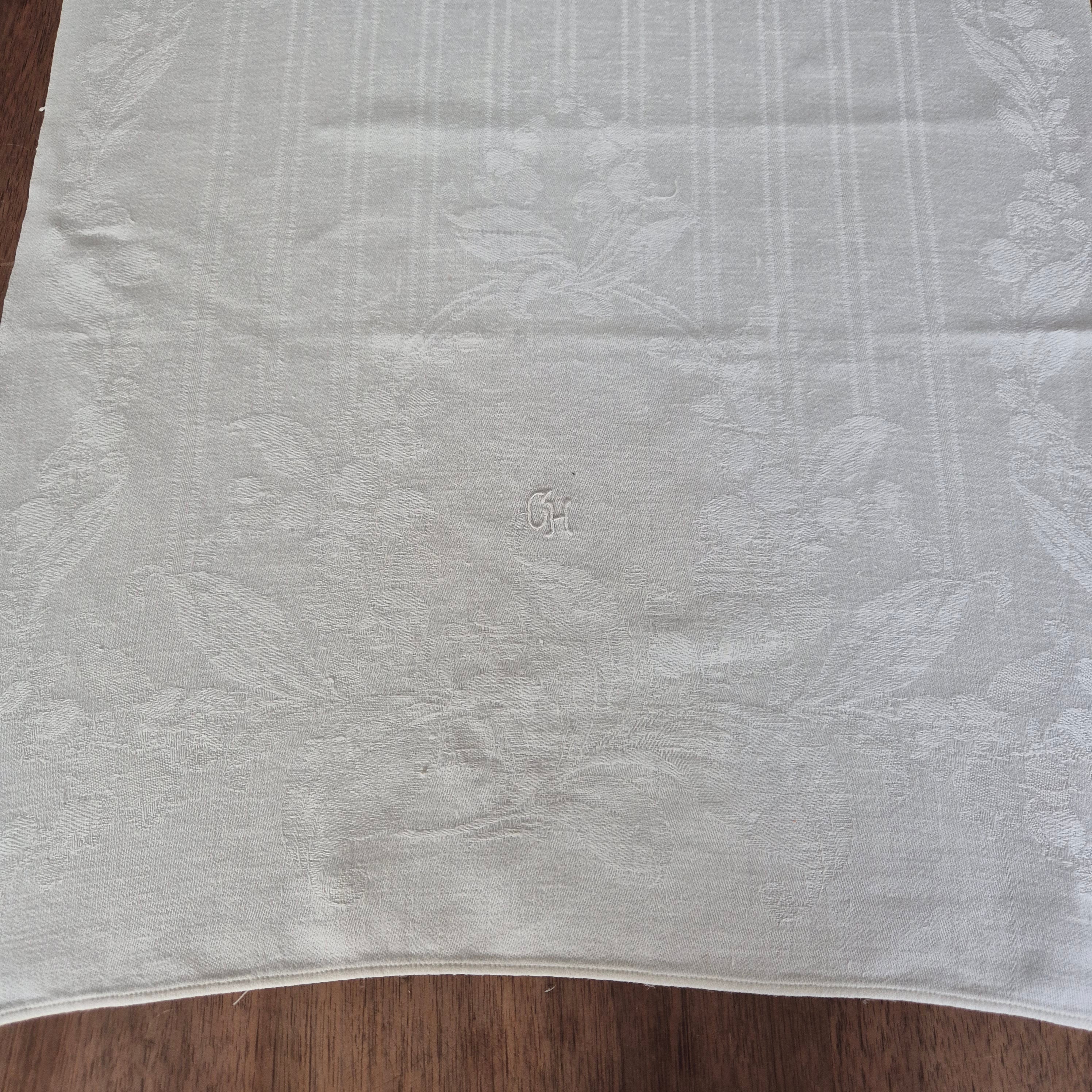 Antike Jugendstil Küchen- & Geschirrhandtuch weiß Damast Baumwolle 46x100cm Monogramm G.H. 🤍