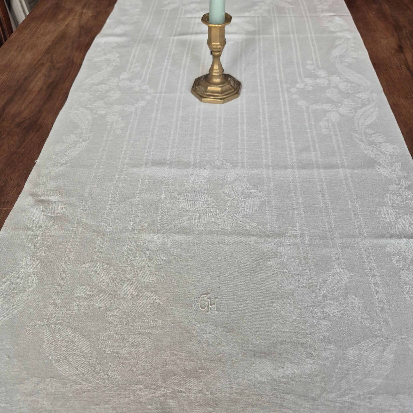 Antike Jugendstil Mitteldecke Tischdecke rechteckig Küchenhandtuch weiß Damast Baumwolle 46x100cm art deco Monogramm g.h.