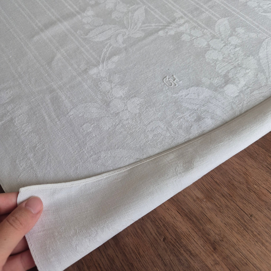 Antike Jugendstil Küchen- & Geschirrhandtuch weiß Damast Baumwolle 46x100cm Monogramm G.H. 🤍