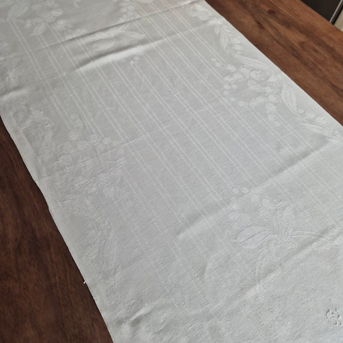 Antike Jugendstil Mitteldecke Tischdecke rechteckig Küchenhandtuch weiß Damast Baumwolle 46x100cm art deco Monogramm g.h.