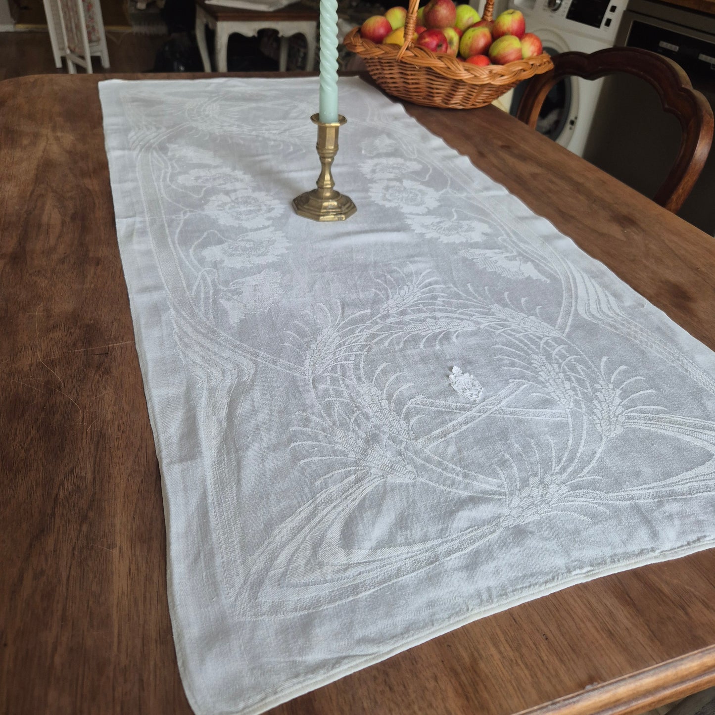 Antike Jugendstil Mitteldecke Tischdecke rechteckig Küchenhandtuch weiß Damast Baumwolle 48x108cm weizen Monogramm i.h?