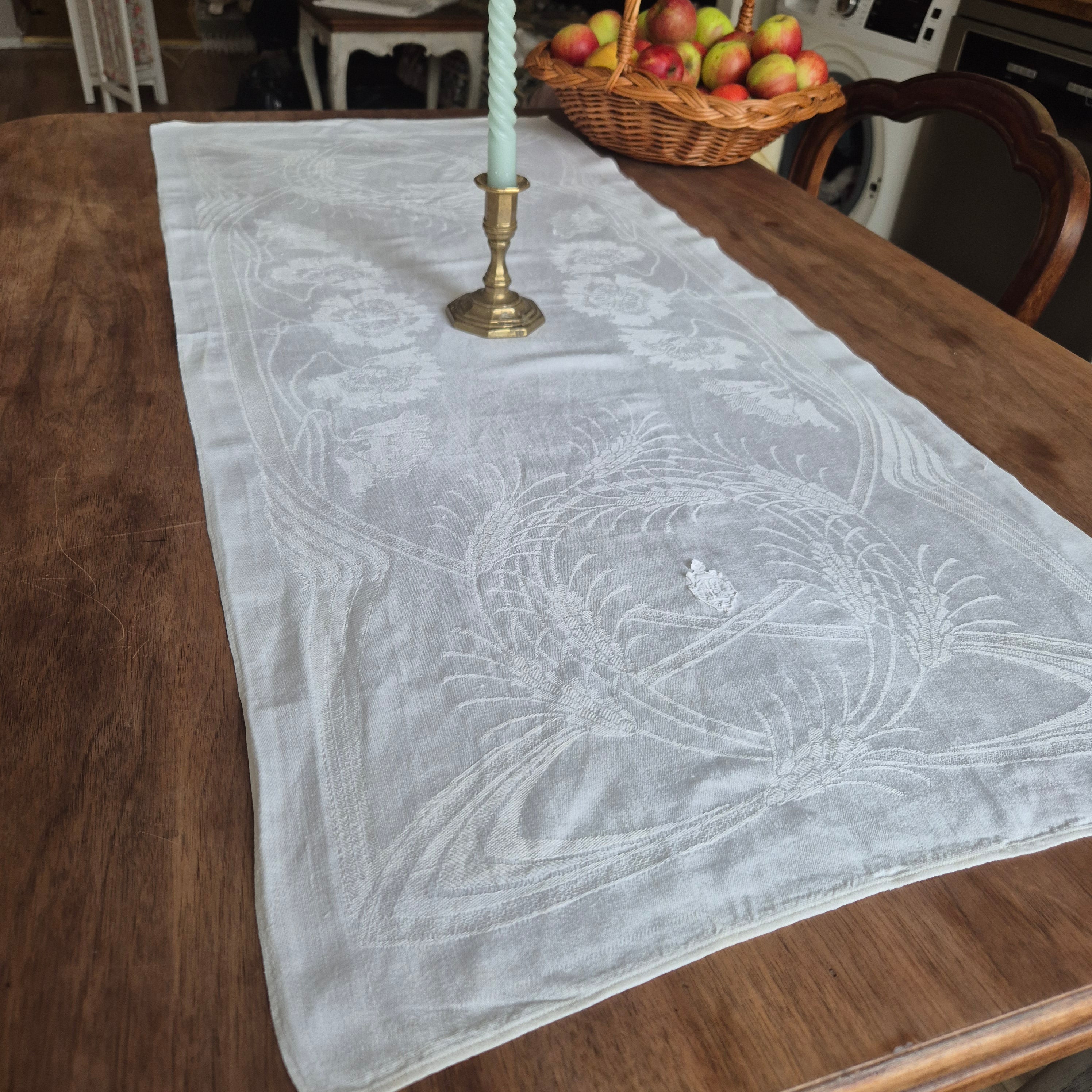 Antikes Jugendstil Küchen- & Geschirrtuch weiß Damast Baumwolle 48x108cm Monogramm F.H.🤍