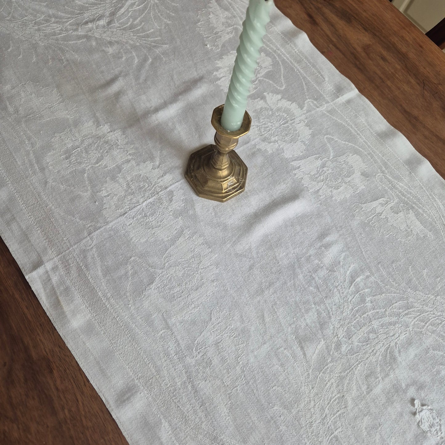 Antike Jugendstil Mitteldecke Tischdecke rechteckig Küchenhandtuch weiß Damast Baumwolle 48x108cm weizen Monogramm i.h?