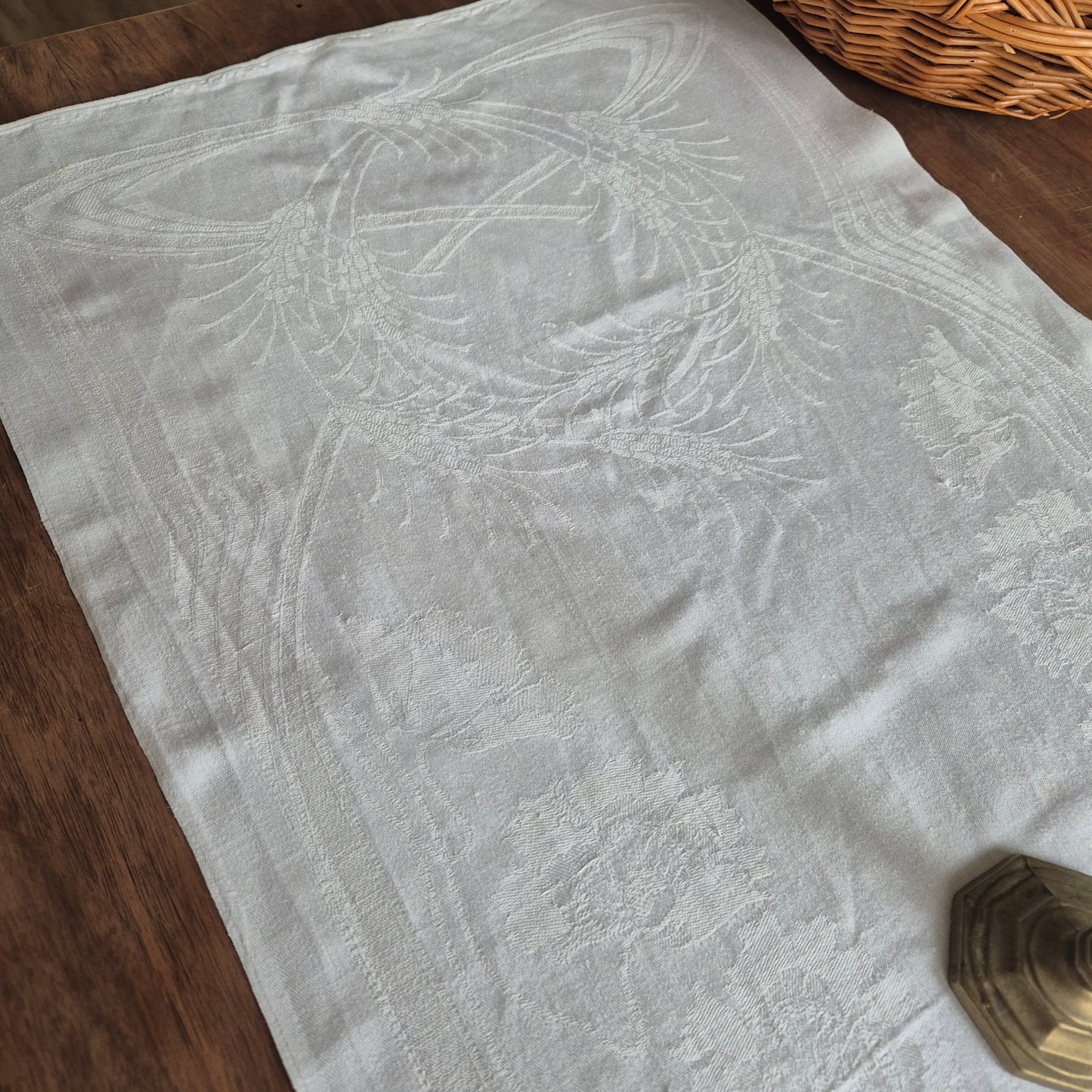 Antike Jugendstil Mitteldecke Tischdecke rechteckig Küchenhandtuch weiß Damast Baumwolle 48x108cm weizen Monogramm i.h?