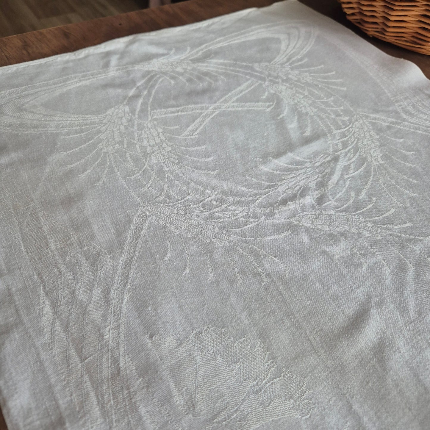 Antike Jugendstil Mitteldecke Tischdecke rechteckig Küchenhandtuch weiß Damast Baumwolle 48x108cm weizen Monogramm i.h?