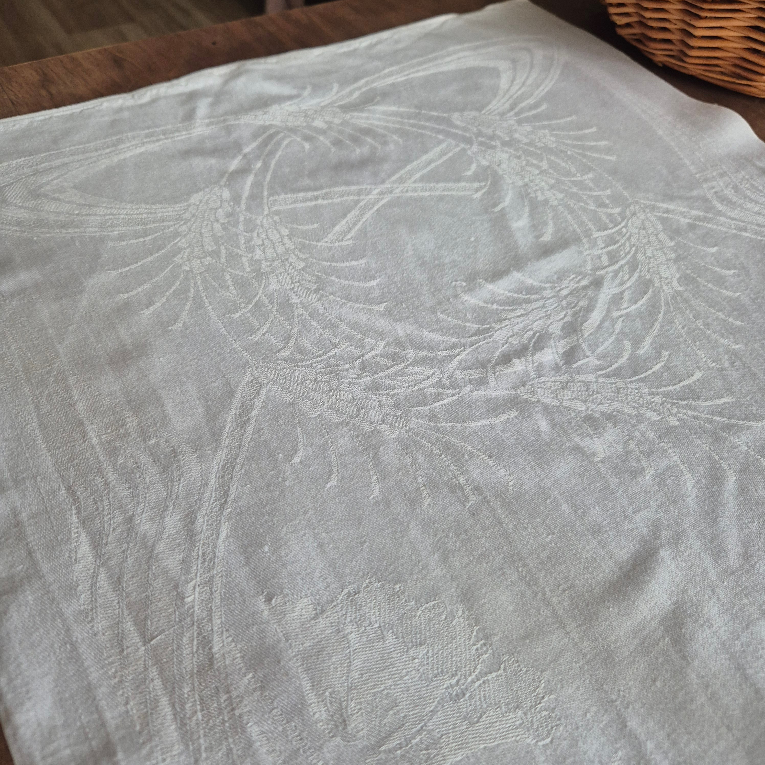 Antikes Jugendstil Küchen- & Geschirrtuch weiß Damast Baumwolle 48x108cm Monogramm F.H.🤍