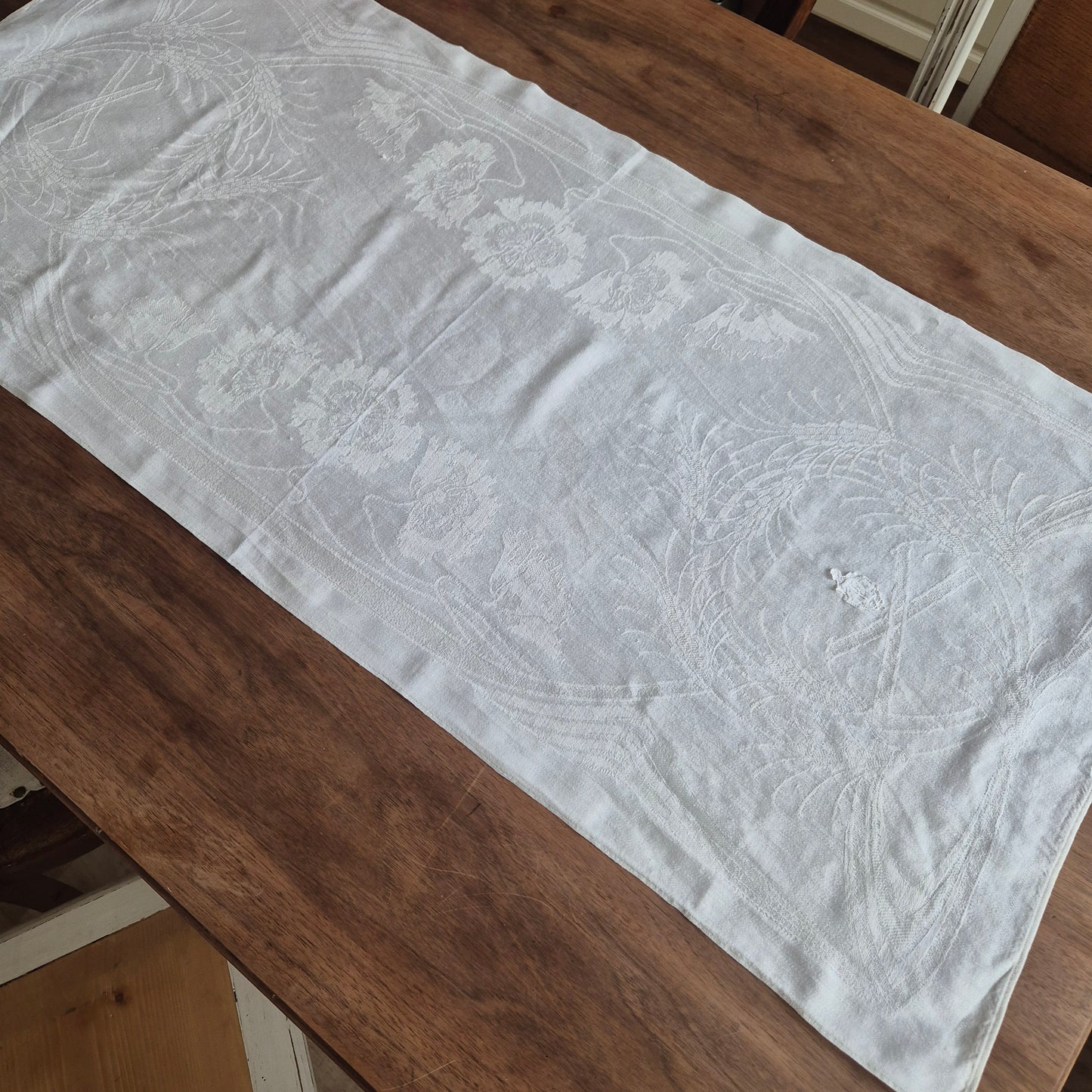 Antike Jugendstil Mitteldecke Tischdecke rechteckig Küchenhandtuch weiß Damast Baumwolle 48x108cm weizen Monogramm i.h?