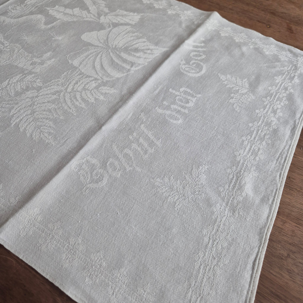 2x Antike Jugendstil Küchen- & Geschirrtücher mit Spruch: Behüt dich Gott! weiß Damast Baumwolle 46x100cm Monogramm L.N. 🤍