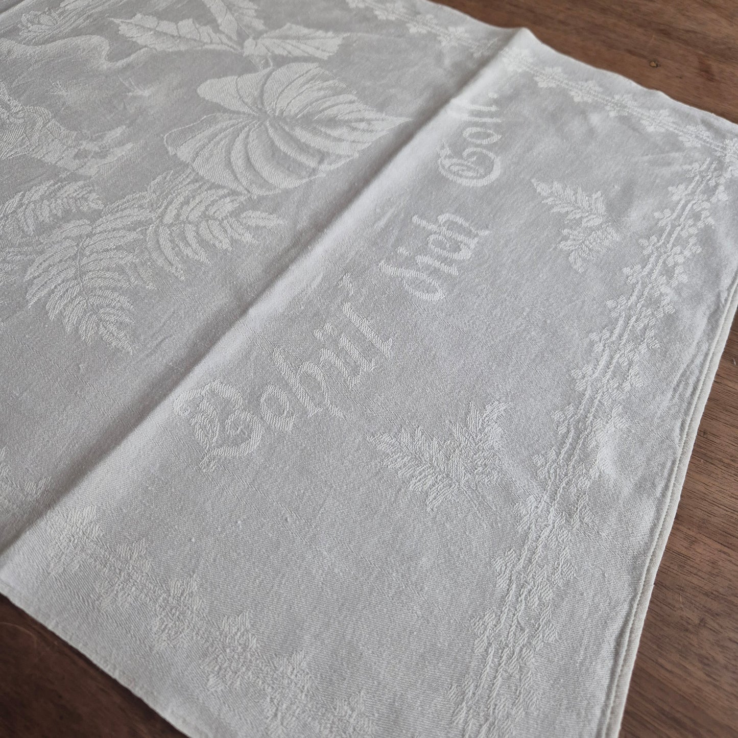 2x Antike Jugendstil Küchenhandtuch mit Spruch: Behüt dich Gott! Tischdecke rechteckig weiß Damast Baumwolle 46x100cm