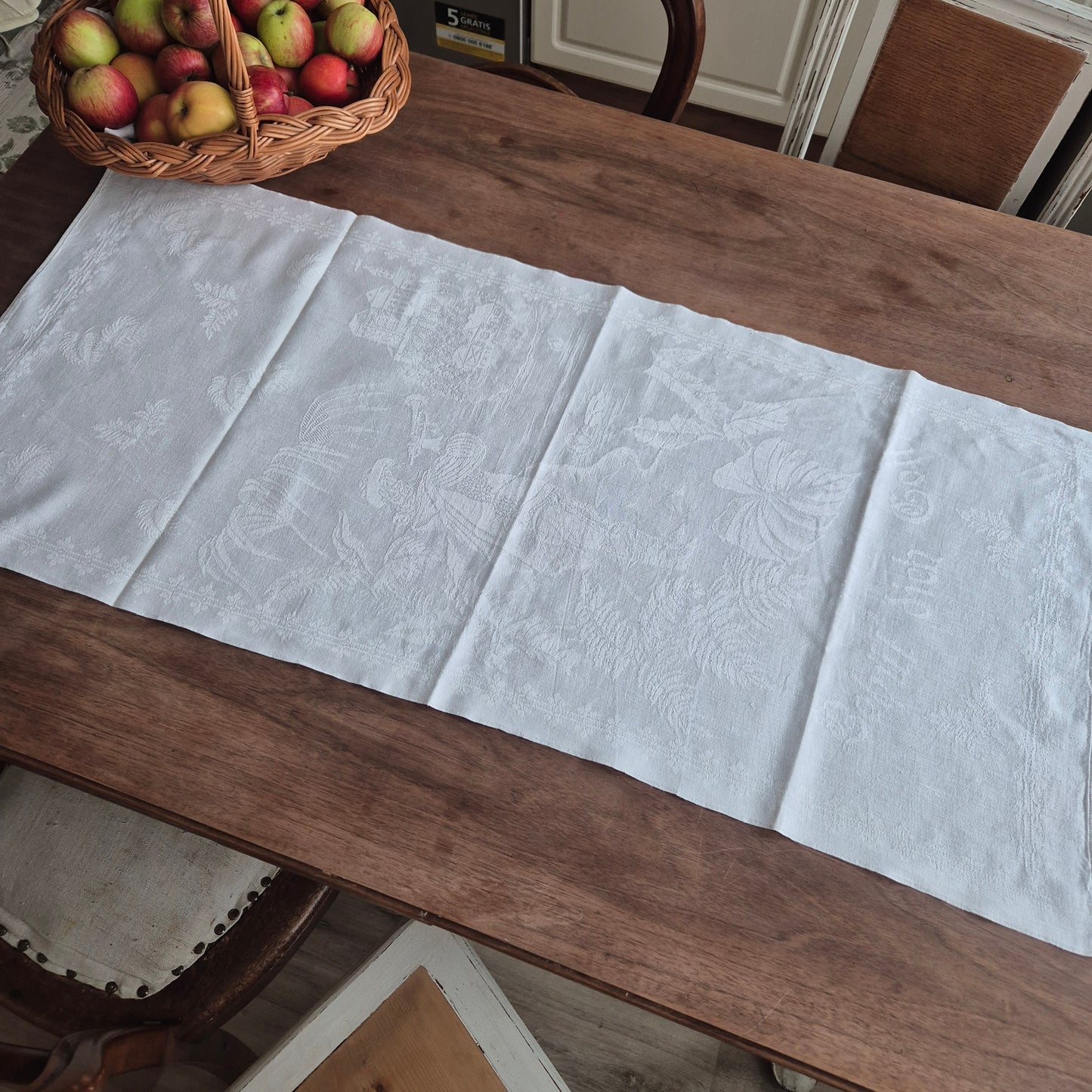 2x Antike Jugendstil Küchenhandtuch mit Spruch: Behüt dich Gott! Tischdecke rechteckig weiß Damast Baumwolle 46x100cm