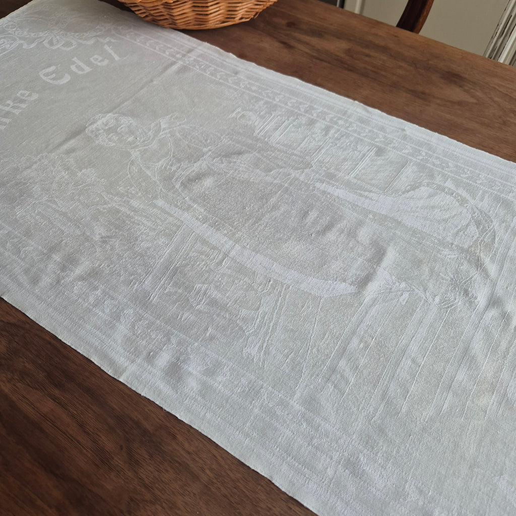 Antikes Jugendstil Küchen- & Geschirrtuch mit Spruch: Denke Edel, handle hülfreich! cremeweiß Damast Baumwolle 46x109cm Monogramm M.H. 🤍
