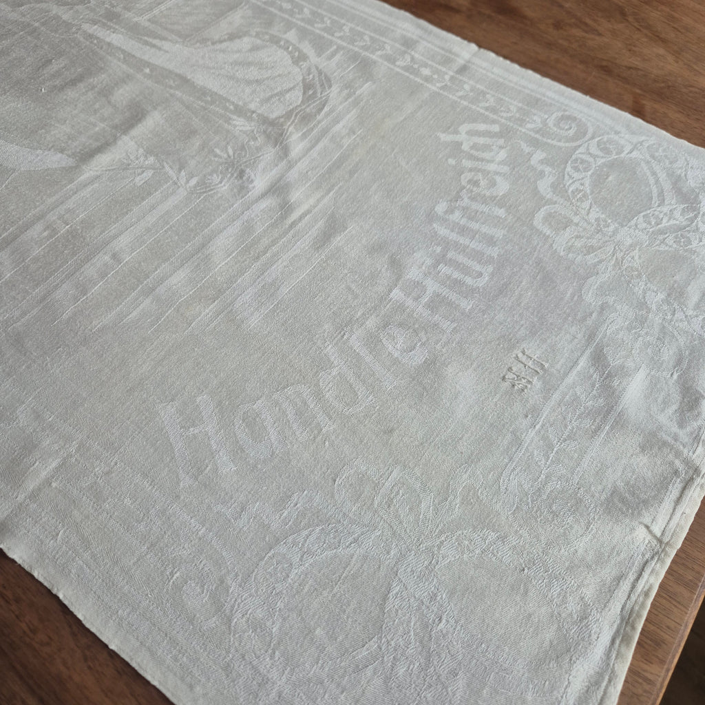 Antikes Jugendstil Küchen- & Geschirrtuch mit Spruch: Denke Edel, handle hülfreich! cremeweiß Damast Baumwolle 46x109cm Monogramm M.H. 🤍