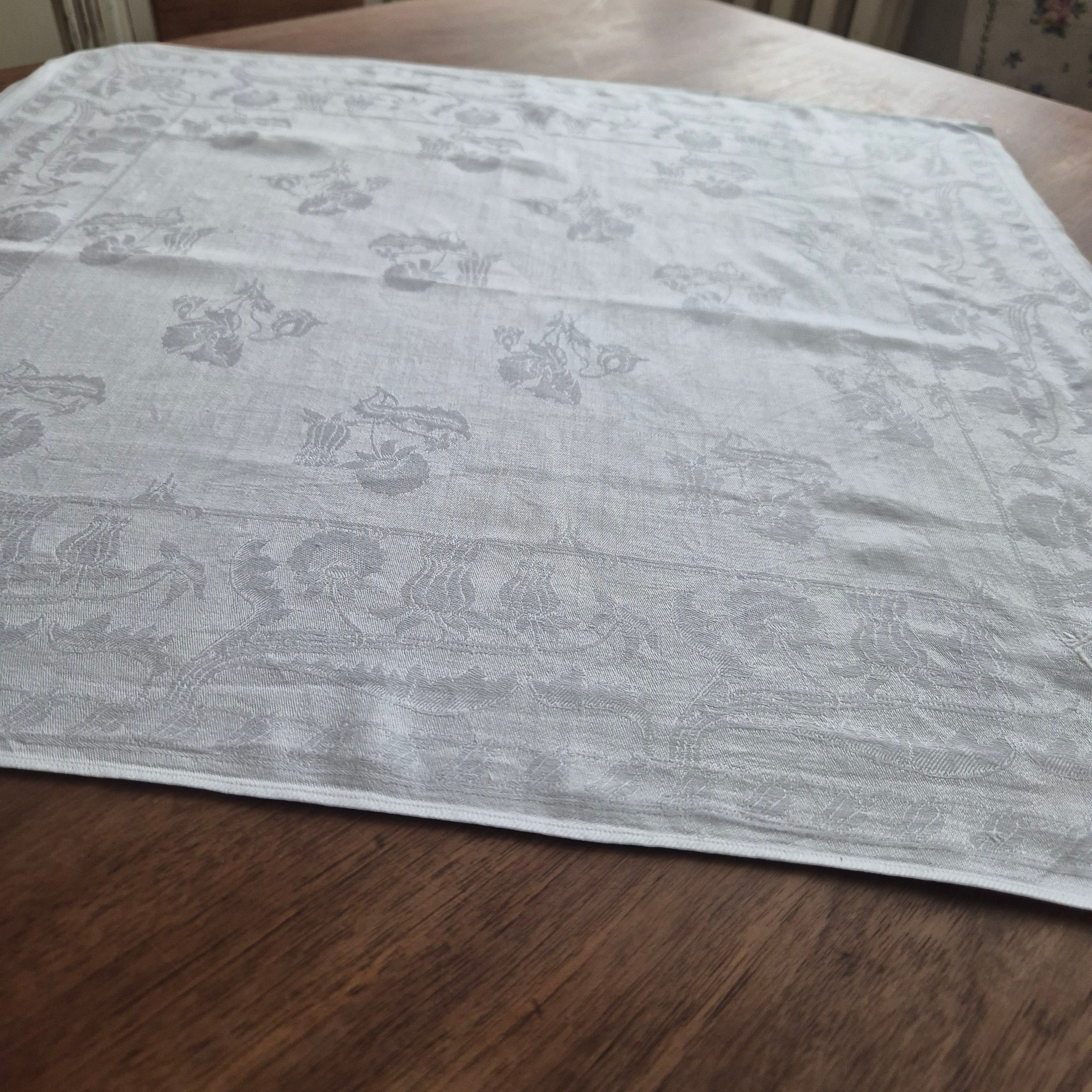 Antike Serviette / Mitteldecke weiß Damast Baumwolle 60x63cm Monogramm S.M 🤍