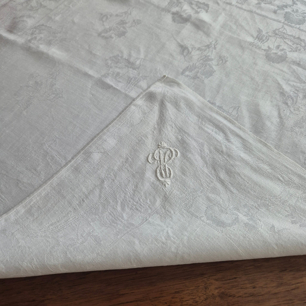 Antike Serviette / Mitteldecke weiß Damast Baumwolle 60x63cm Monogramm S.M 🤍