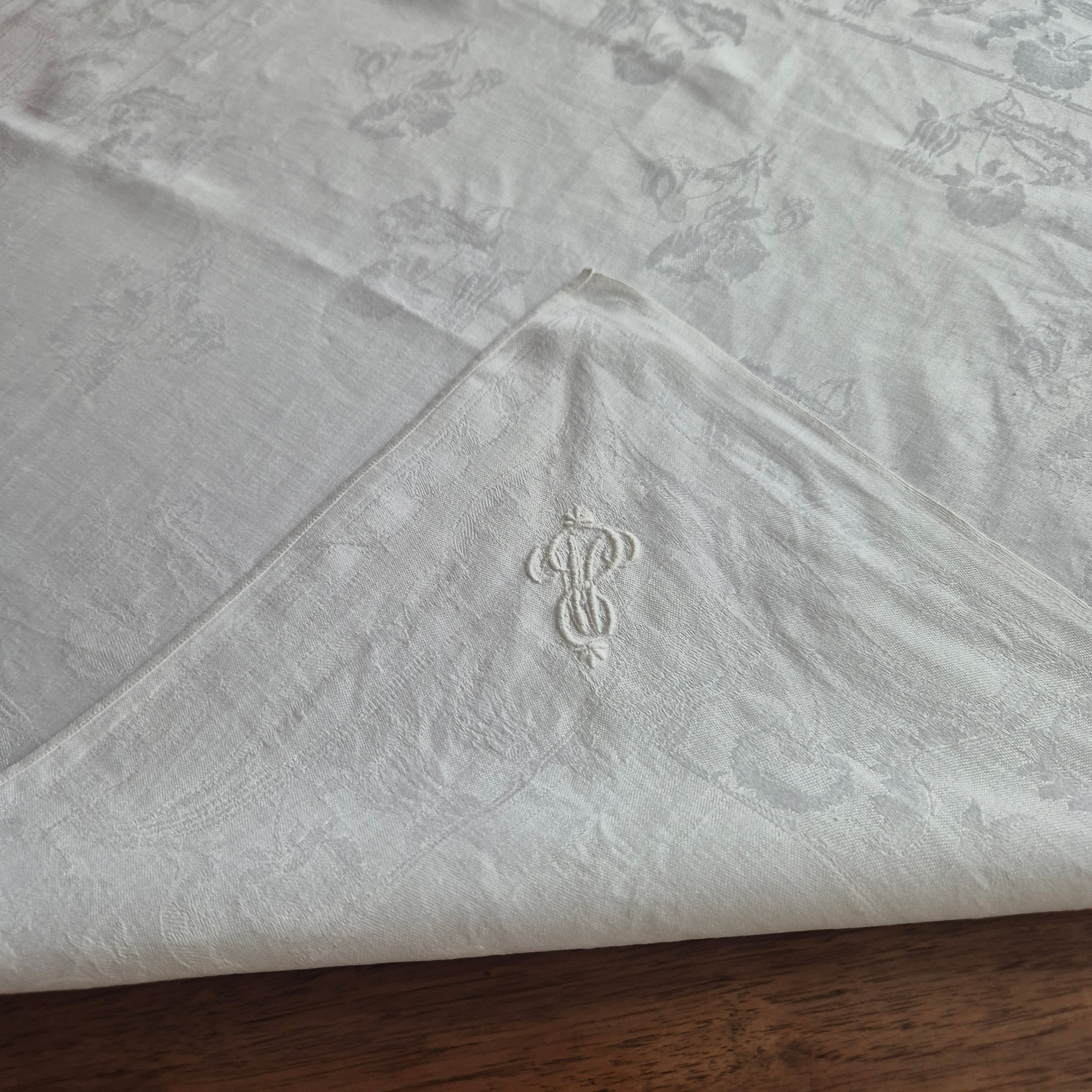 Antike Serviette / Mitteldecke weiß Damast Baumwolle 60x63cm Monogramm S.M 🤍