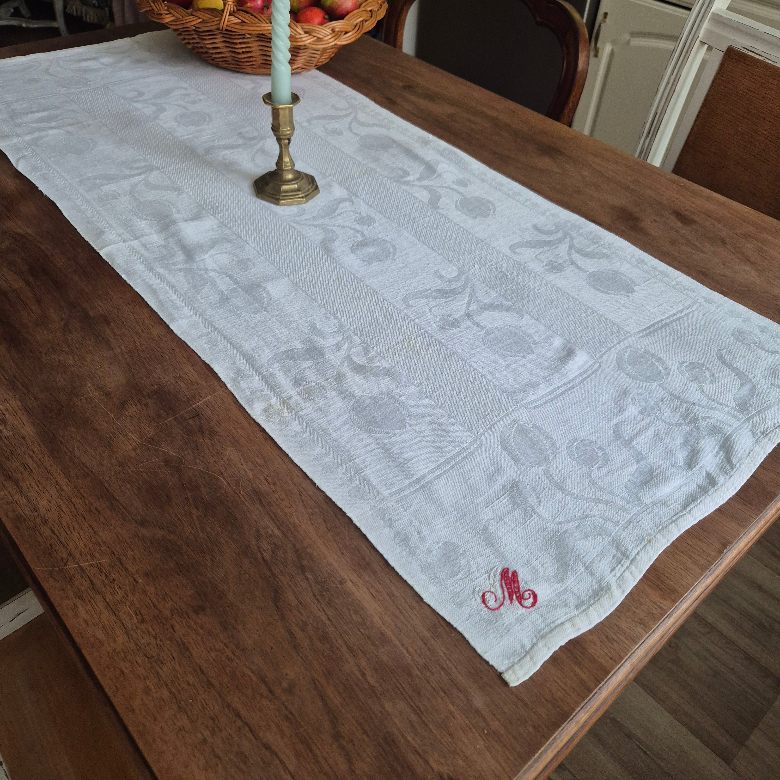 Antikes Jugendstil Küchen- & Geschirrtuch cremeweiß Leinen Baumwolle 47x110cm Monogramm M. 🤍