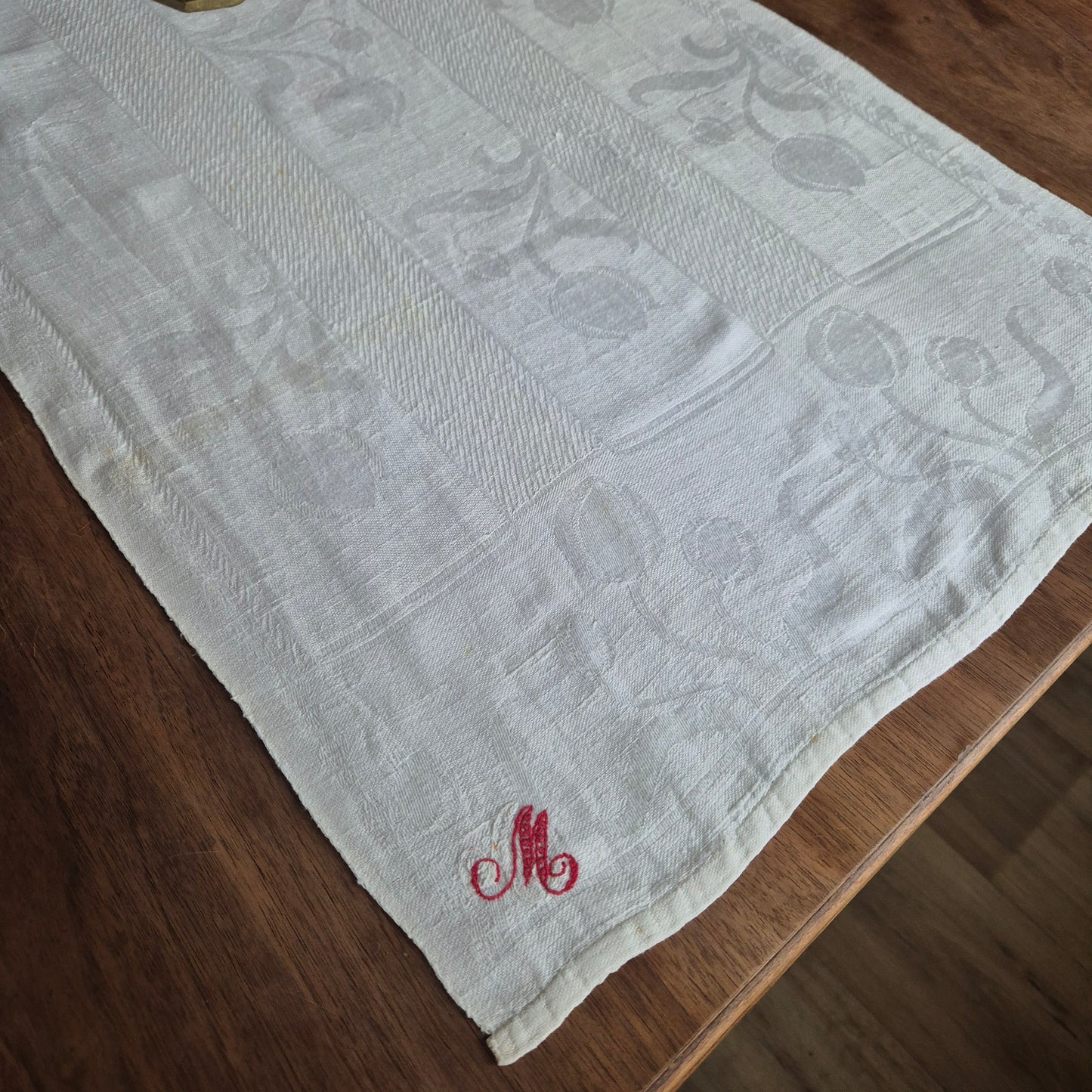 Antikes Jugendstil Küchenhandtuch Tischdecke rechteckig weiß Leinen Baumwolle 47x110cm Monogramm M.