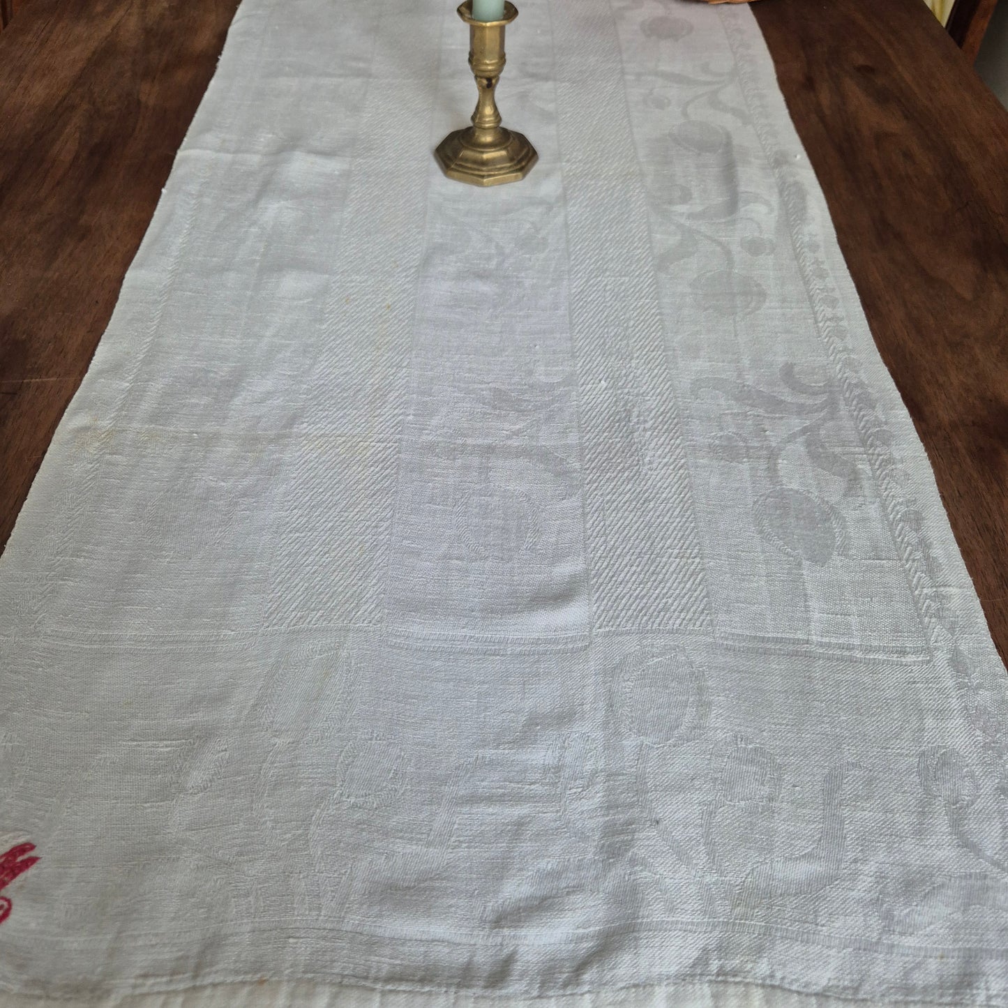 Antikes Jugendstil Küchenhandtuch Tischdecke rechteckig weiß Leinen Baumwolle 47x110cm Monogramm M.