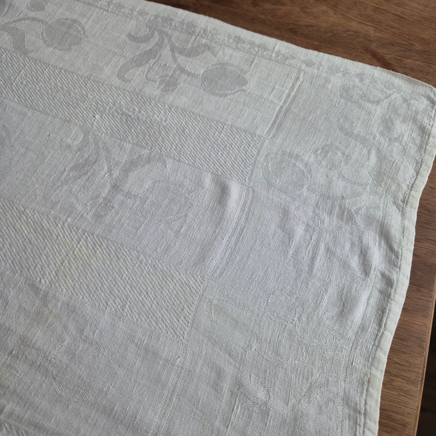 Antikes Jugendstil Küchenhandtuch Tischdecke rechteckig weiß Leinen Baumwolle 47x110cm Monogramm M.