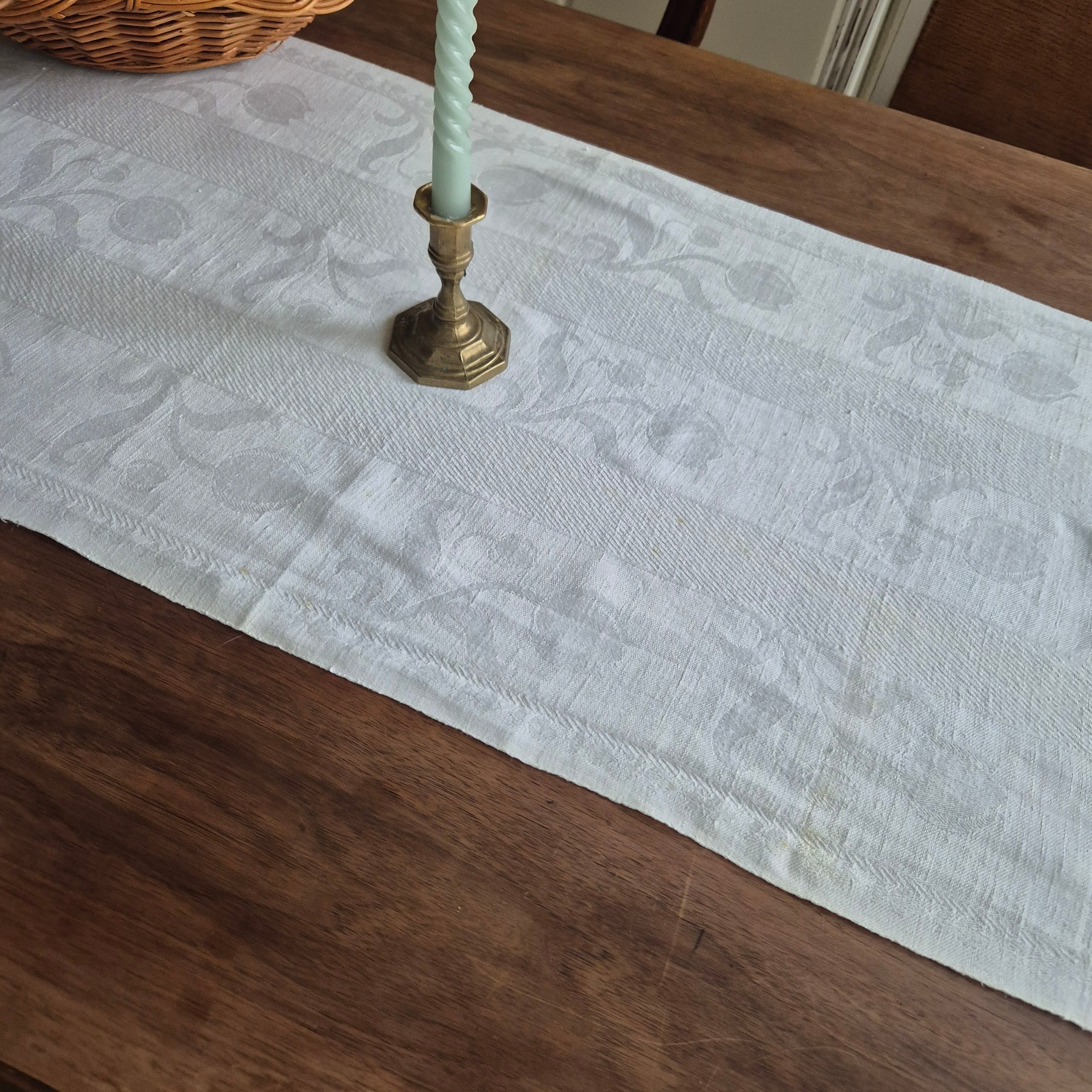 Antikes Jugendstil Küchen- & Geschirrtuch cremeweiß Leinen Baumwolle 47x110cm Monogramm M. 🤍