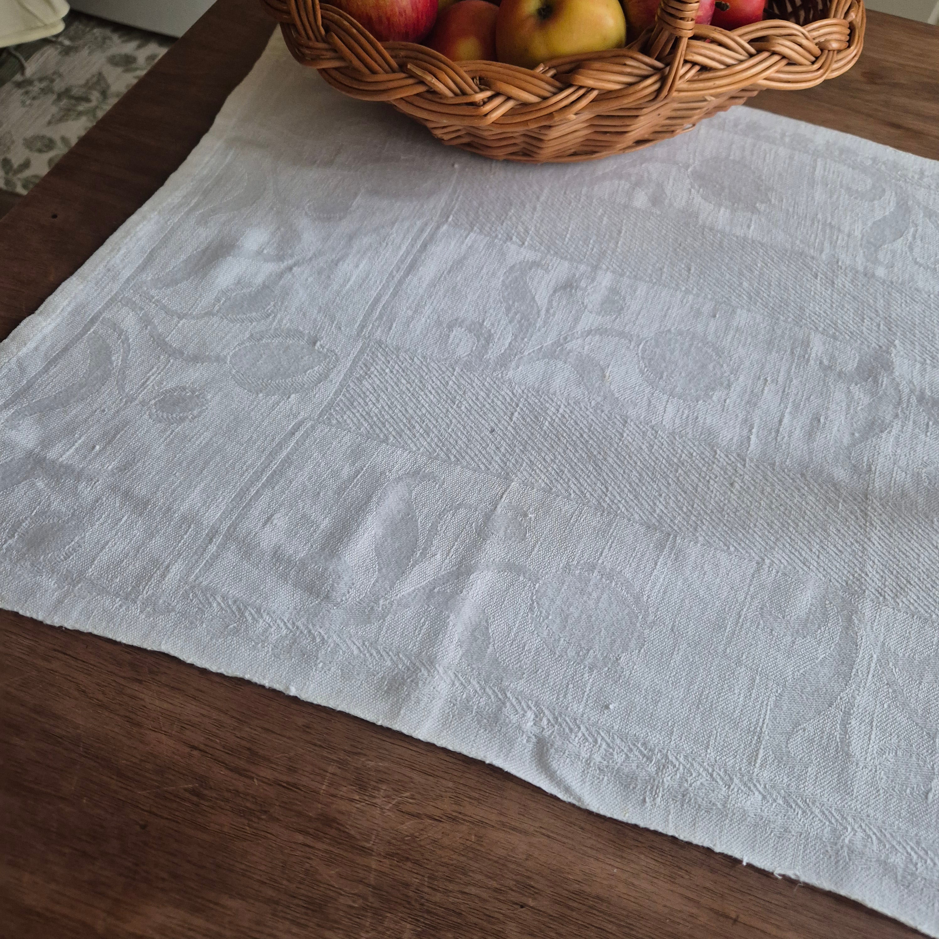 Antikes Jugendstil Küchen- & Geschirrtuch cremeweiß Leinen Baumwolle 47x110cm Monogramm M. 🤍