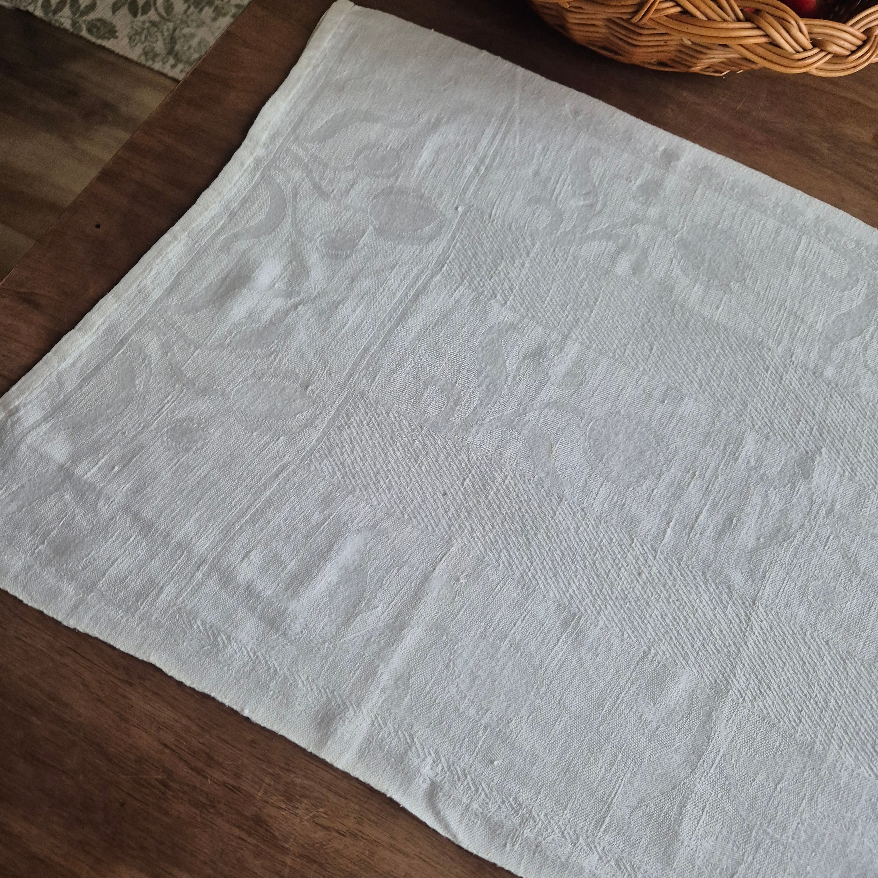 Antikes Jugendstil Küchen- & Geschirrtuch cremeweiß Leinen Baumwolle 47x110cm Monogramm M. 🤍