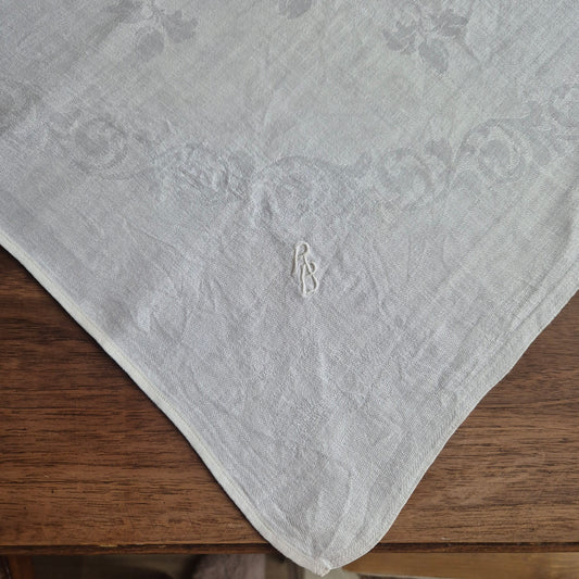 Antike Serviette / Mitteldecke weiß Damast Baumwolle 60x60cm Monogramm R.B. 🤍