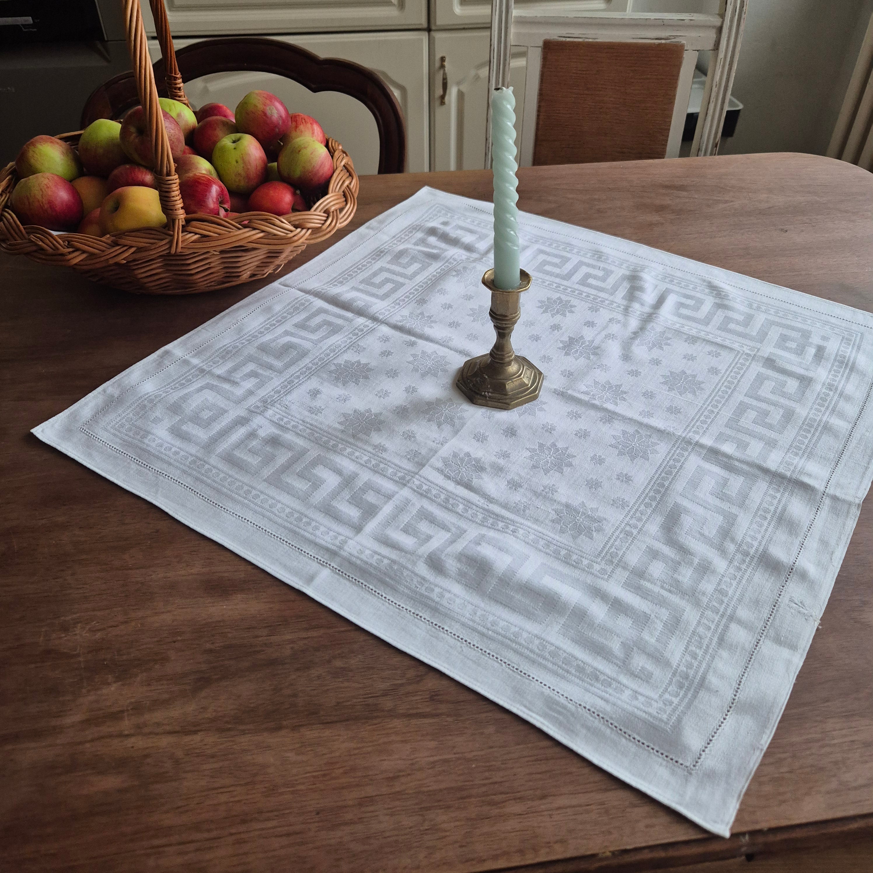 Antike Serviette Mitteldecke cremeweiß Damast Baumwolle 58x58cm 🤍